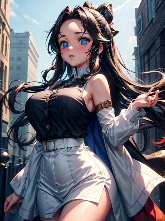 gorgeous girl, wide hips, narrow waist, medium breast, pretty face, glowing perfect skin, wearing letex leggings and white crop top, background of a intricately detailed aesthetic street that goes to a mountain, modern buildings in background, ultra high quality, intricately detailed, super detailed anime illustration, masterpiece, vibrant, complex detail, ghibili studio,
