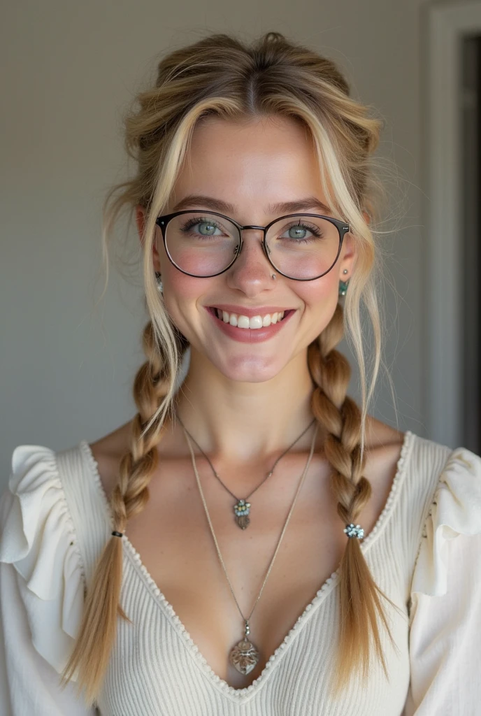 (realista: 1.4), mejor calidad, ultra-high-resolution, 4k, Foto para redes sociales , Gafas con lente plateada, Detalles intrincados , Altamente detallado, A 14-year-old girl , very light brown hair with braid , Cabello largo , todo muy detallado , Sonriente , alto contraste , Background flowers falling behind her , HDR , cinematographic image , senos medianos, viste playera amarilla de manga corta , playera amarilla , falda azul plisada , falda azul , linda sonrisa , maquillaje ,ojos brillantes , jardin , fiesta , noche