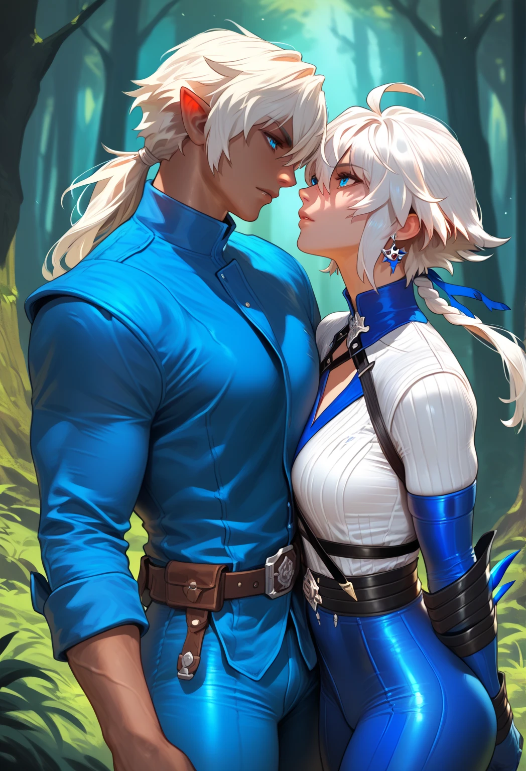 boy,1 person,Handsome and beautiful face,beautiful colored eyes,white hair,Glossy surface,The body has some muscles.,Wearing a blue and white traditional outfit,water hair accessory,Hand holding water, backdrop,There is water.