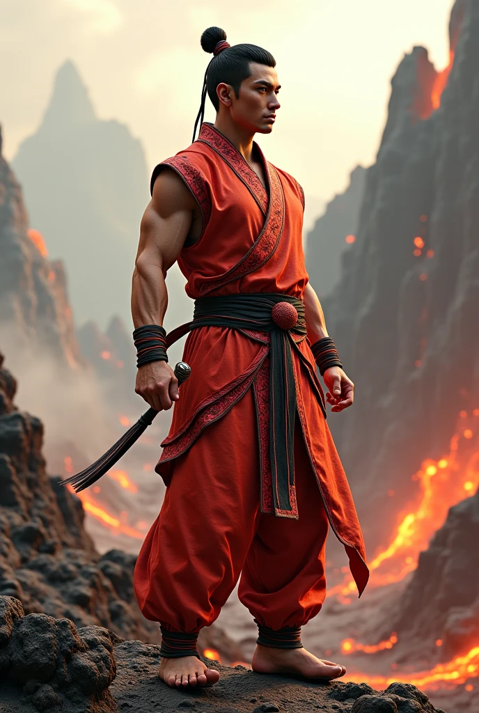 Create an outfit based on Avatar: The Last Airbender in the same style as the animation., where the character is a firebending man, something that can be done but the clothes have silver accessories