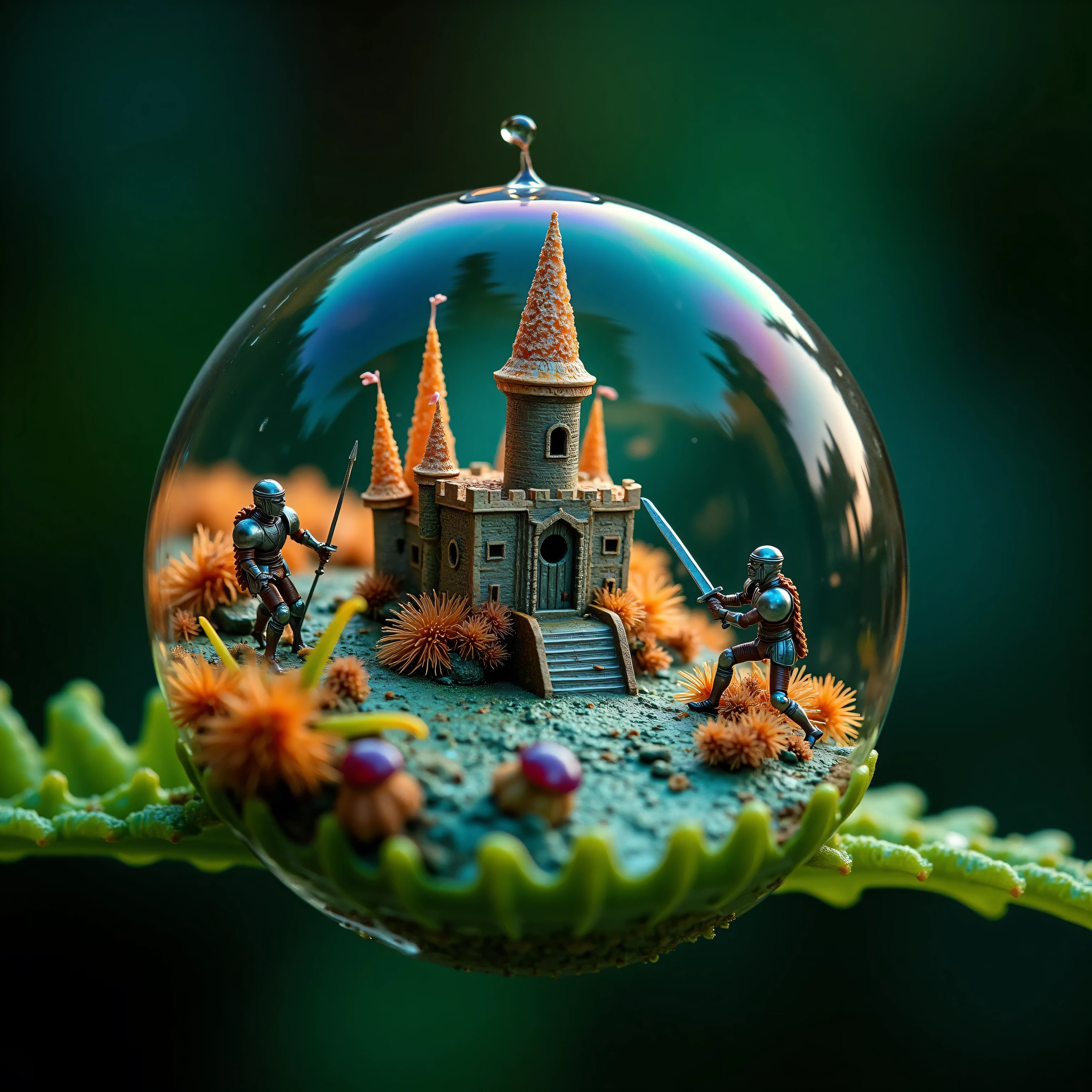 A macro photograph unveils a fantastical microworld encased within a water droplet balanced on a fern frond, as if seen through the eyes of a master photographer. A grand castle, constructed from shimmering calcite spires and organic filaments, anchors the scene, its drawbridge lowered over a moat of swirling protozoan currents. Swordsmen in armor pieced from iridescent beetle-like exoskeletons clash with spear-wielding soldiers, their weapons tipped with needle-sharp mineral crystals. The droplet’s surface refracts sunlight into a dazzling array of turquoise, amethyst, and molten orange hues, illuminating the intricate details of the castle’s architecture and the soldiers’ fierce expressions. The surrounding terrain—dotted with pollen orbs and fungal spires—pulses with life, rendering a photorealistic masterpiece that blends the medieval and the microscopic into a vibrant, otherworldly kingdom.

