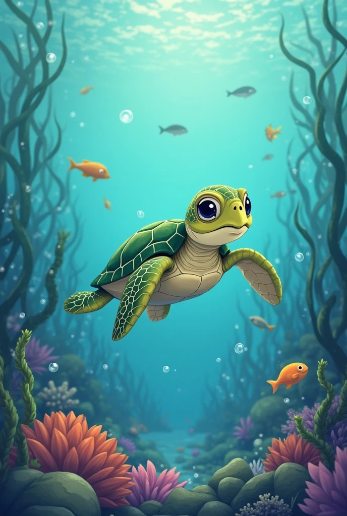 Image cartoon disney style, of a sea turtle in the depths of the ocean ...