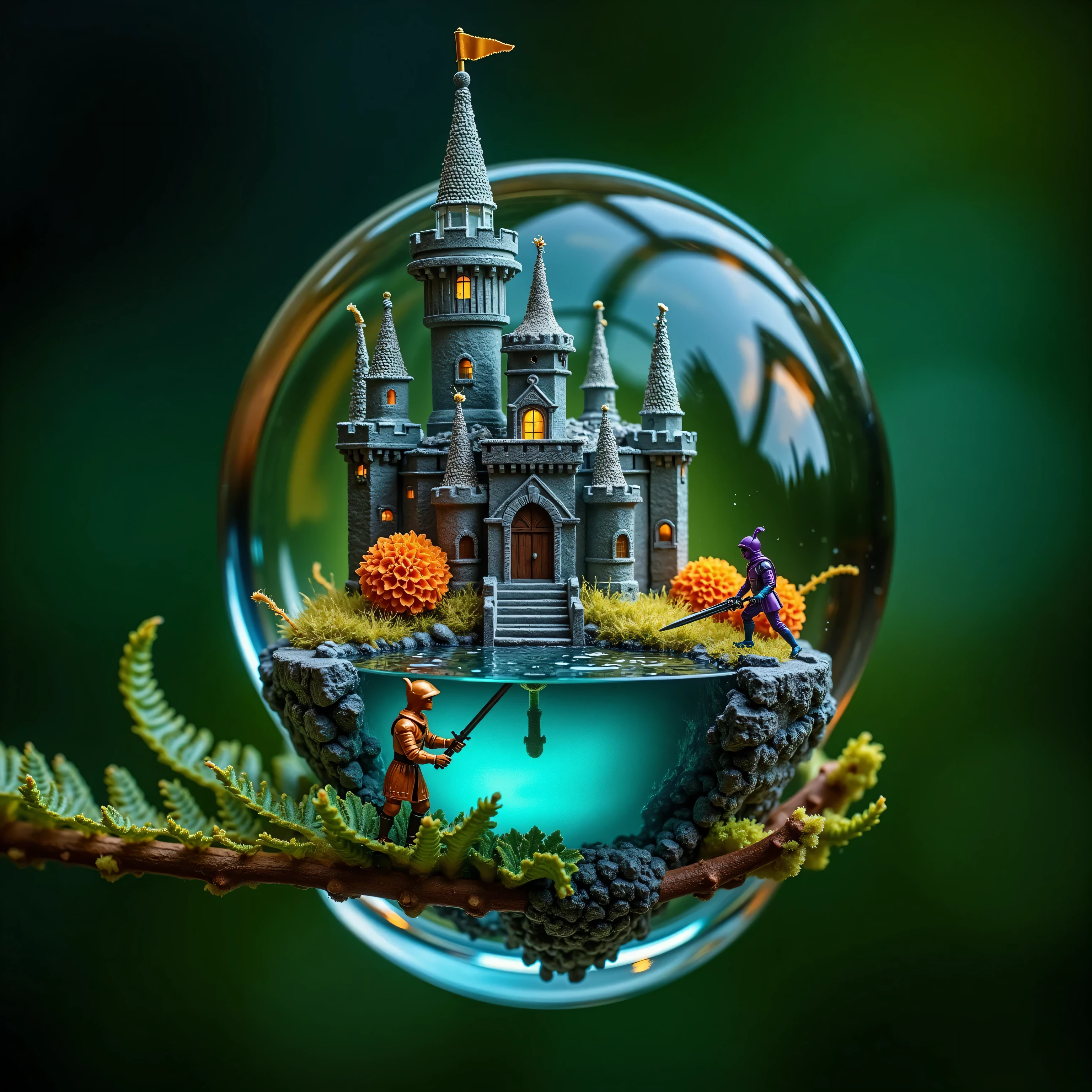 A macro photograph unveils a fantastical microworld encased within a water droplet balanced on a fern frond, as if seen through the eyes of a master photographer. A grand castle, constructed from shimmering calcite spires and organic filaments, anchors the scene, its drawbridge lowered over a moat of swirling protozoan currents. Swordsmen in armor pieced from iridescent beetle-like exoskeletons clash with spear-wielding soldiers, their weapons tipped with needle-sharp mineral crystals. The droplet’s surface refracts sunlight into a dazzling array of turquoise, amethyst, and molten orange hues, illuminating the intricate details of the castle’s architecture and the soldiers’ fierce expressions. The surrounding terrain—dotted with pollen orbs and fungal spires—pulses with life, rendering a photorealistic masterpiece that blends the medieval and the microscopic into a vibrant, otherworldly kingdom.