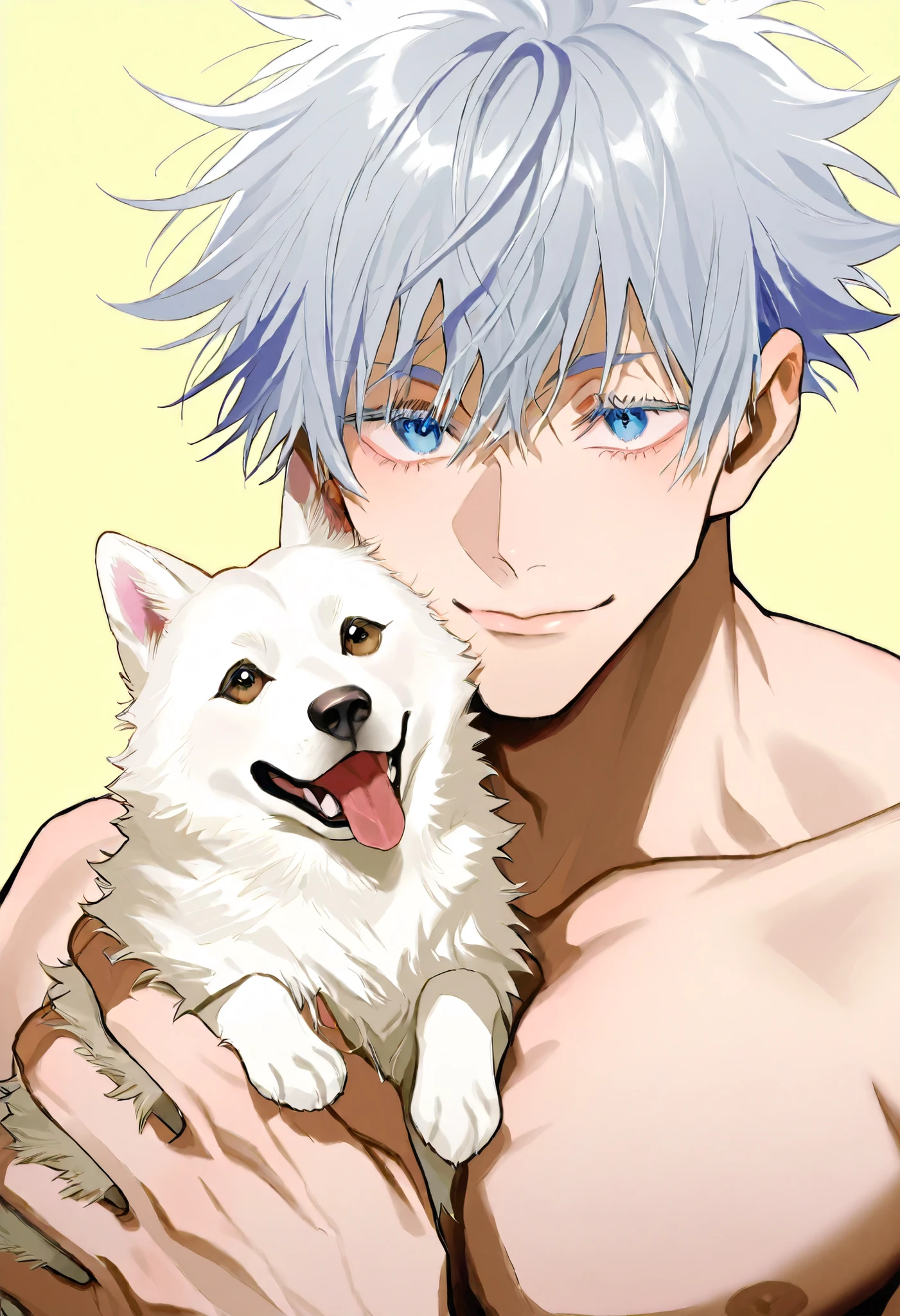 この画像はGojo Satoruをフィーチャーしています , Jujutsu Kaisen's iconic character 、Gray Hair、blue eyes、Top Quality、Ultra-high definition anime illustrations、8K、Gojo Satoru、Holding a dog、dog