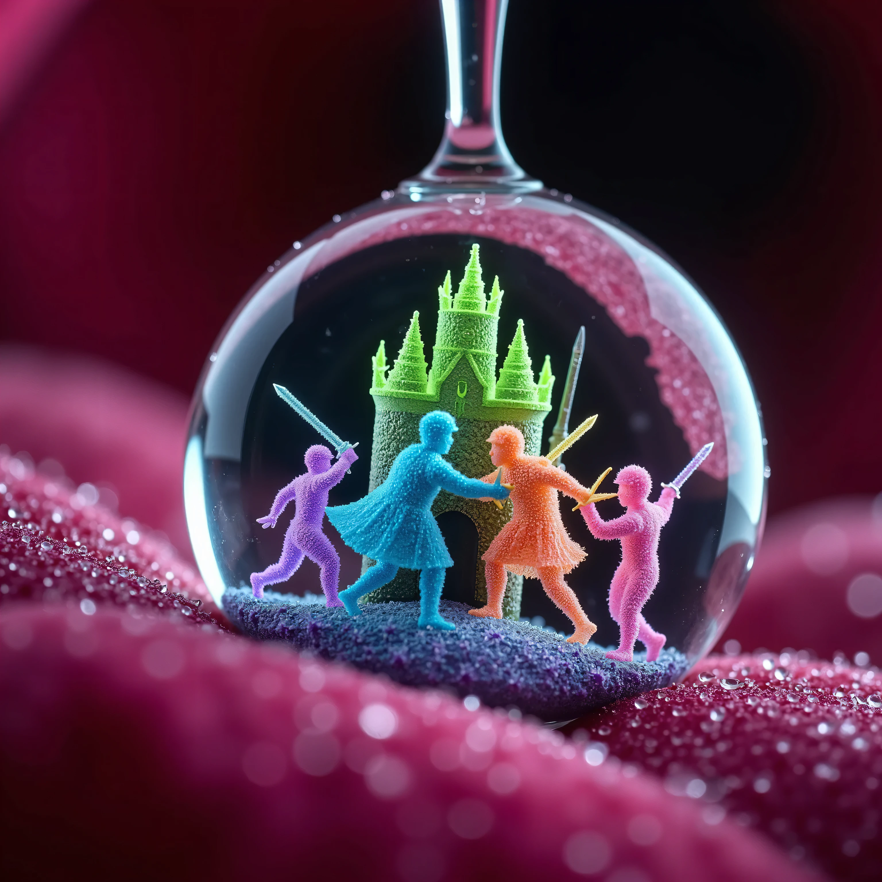 An awe-inspiring, ultra-detailed shot of a water droplet resting on a dew-kissed petal, captured through a professional photographer’s macro lens. Inside, a microscopic medieval realm unfolds: a fortified castle of translucent ciliates looms over a vibrant battlefield where swordsmen, clad in glowing amoeba-like armor, duel with spear-wielding soldiers shaped from threadlike nematodes. Bright, saturated colors—lime greens, electric blues, and hot pinks—dance across the scene, accentuating the castle’s jagged walls, the slashing swords, and the thrusting spears. The droplet refracts light like a jewel, illuminating the tiny kingdom’s intricate textures and dynamic motion. The camera lens edges into the frame, slightly out of focus, its metallic gleam hinting at the precision behind this fantastical vision.