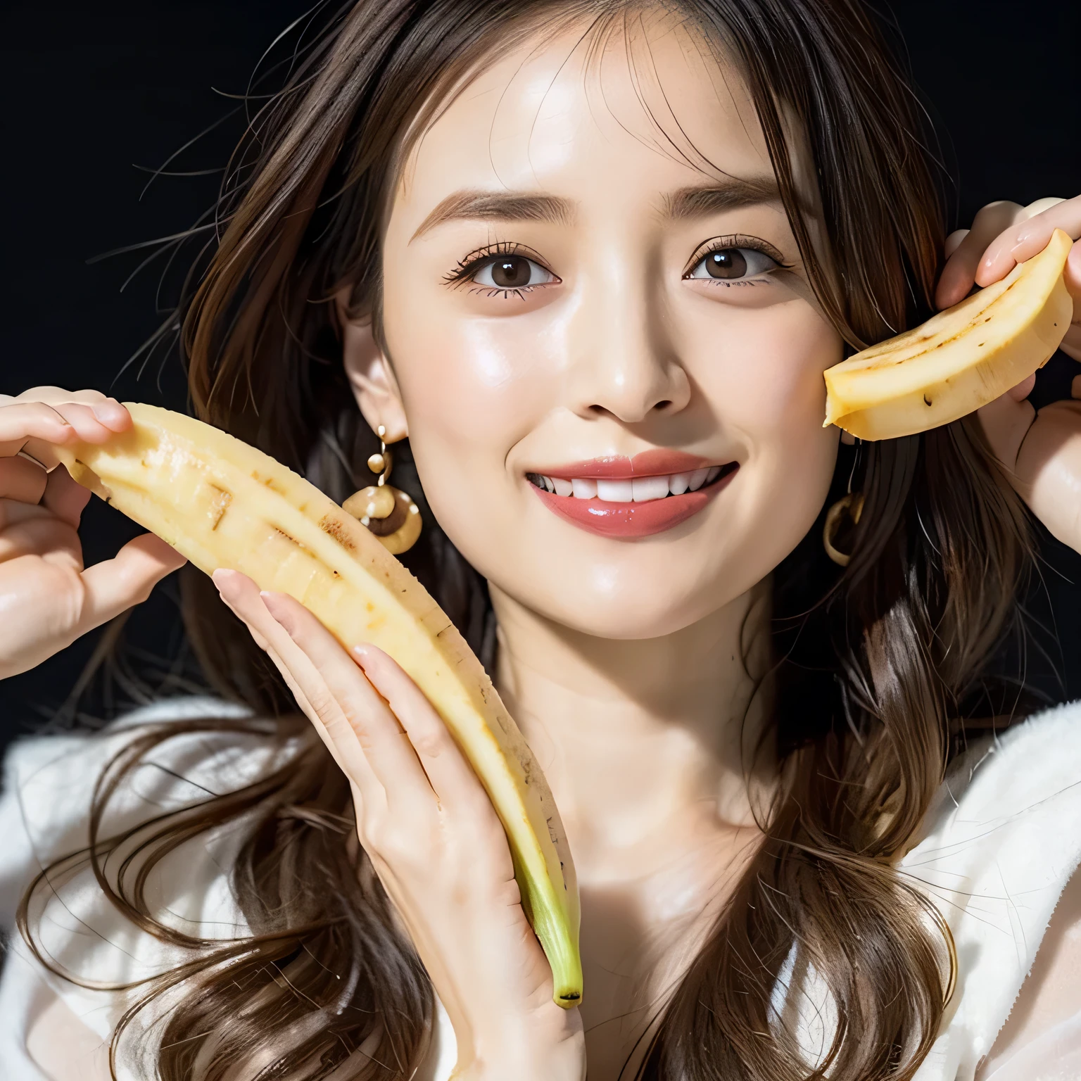 She is holding a banana with its peel partially removed, revealing the white fruit inside. She is eating the exposed white part. Long hair, dark hair, dark eyes.