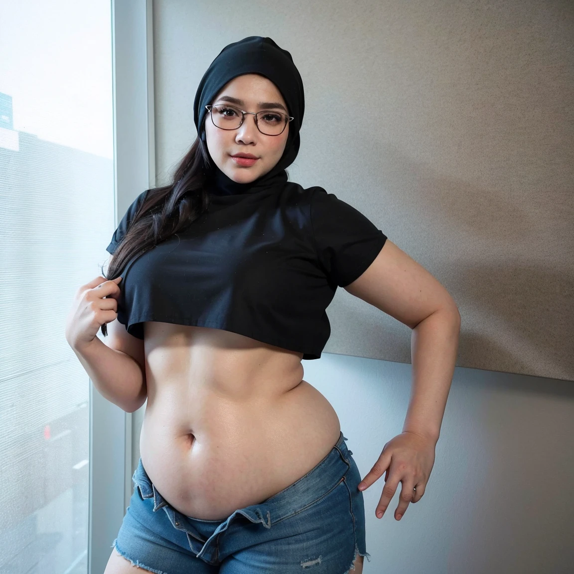 wanita berhijab syariah, wearing t-shirt, sneakers, chubby cheeks, chubby arm, chubby, glasses, big breast, chubby tight, wearing a hijab, bbw, bbc, cute girl, mature and plump, plump woman, clean and smooth pics, all star, high quality, best quality, good vibes, nice look, tattooed, gorgeous, elegant, high resolution, super extremely resolution, flower tattoos, Perfect angle, mature woman, milf, tight t-shirt, skinny, perfect look, t-shirt, dark room, smile shy, woman 40 years old, black t-shirt, chubby cheeks, Thigh-length pants, sweaty, full bodies, tank top, high heels, dimples, armpits