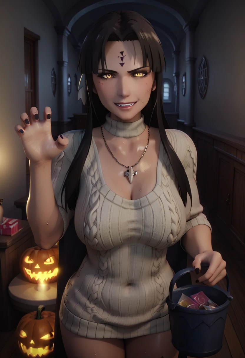 ((UHD, Cinematic, Warm colors)), comic, score_9, score_8_up, score_7_up, score_6_up, score_5_up, score_4_up, uncensored, detailed background, vignetting, masterpiece, Cinematic, high quality, absurdres, best quality, very aesthetic, newest, digital art, trending on ArtStation, ((anatomical correct)), perfect body, perfect eyes, perfect fingers, gasping, heavy breathing, excessive sweating, sweating, sweating profusely, gasping profusely, cinematic, ((skindentation)), ((curvy)), michiko tanaka, long hair, black hair, yellow eyes, facial mark, forehead mark, plump, shiny skin, hearts, pleasured, 1girl, breasts, mature female, solo, navel, virgin destroyer sweater, necklace, standing, claw pose, holding bucket, halloween, looking at viewer, fangs, smirk, collarbone, condom, condom box, thighs, curvy, hallway, dim light, cape, black nails, 3d, cgi