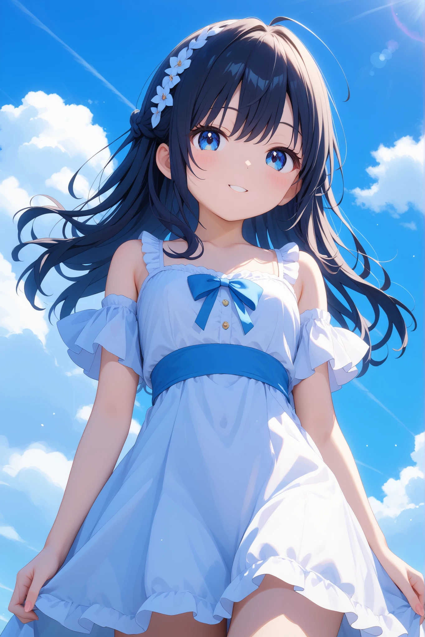 Sky and girl、
blue sky background、blue sky、 White Clouds 、
(1 girl), soft expression、 white dress、long black hair:1.5, blue eyes , cute face、fluttering hair、dramatic lighting、bright color、Strong brushstroke 、high contrast、
high resolution , masterpiece, accurate, 人体解剖学的に accurate,
anime,
風にfluttering hairを手で抑えるポーズ, low angle、
Top Quality, high resolutionモデル, super accurate, 3d rendering