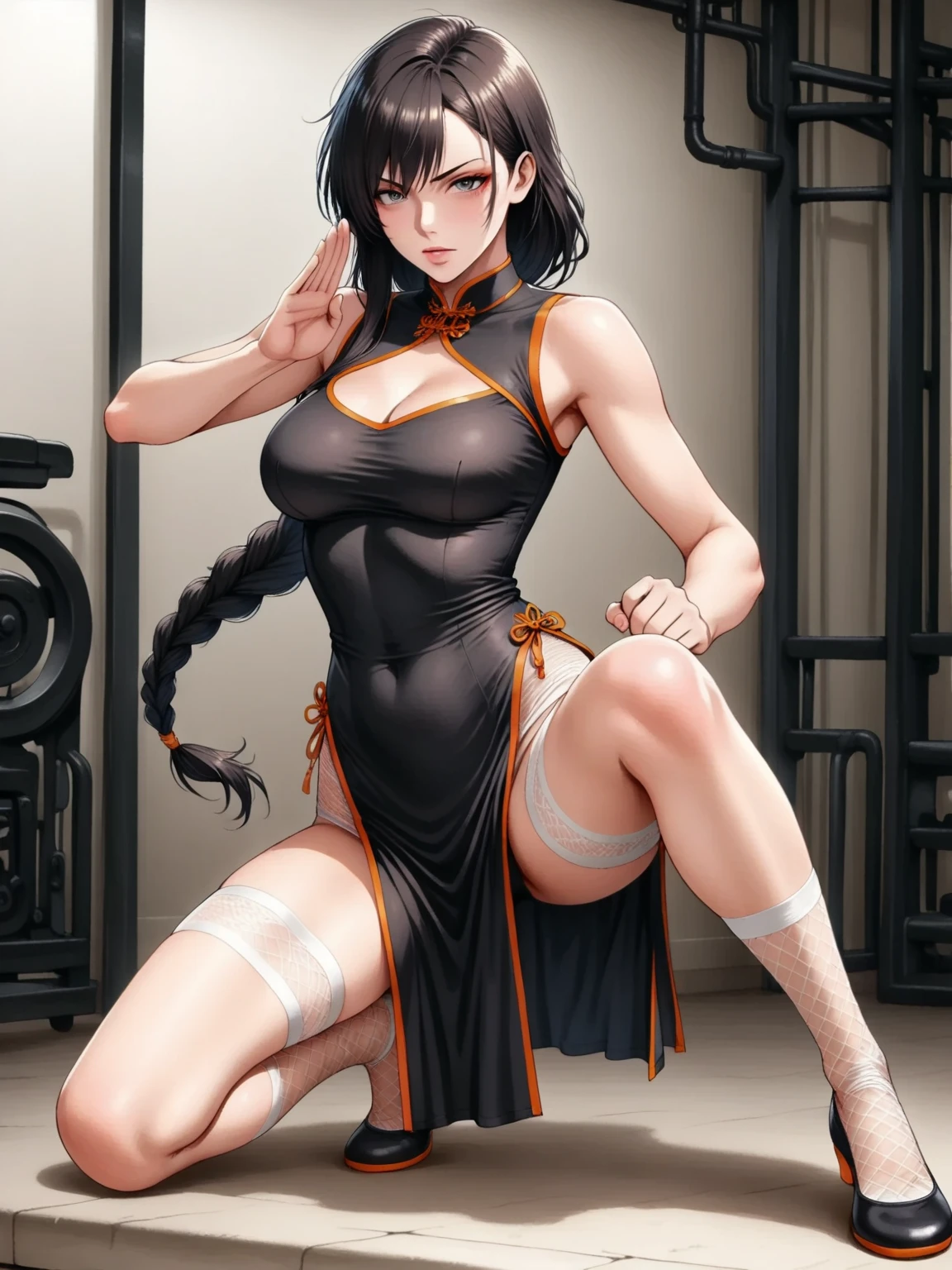 ((masterpiece)), highres, Muscular woman, Black hair, Red Eyes, tall body, Small face, Short hair, Side buns, Fantasy outfit, Neutral Expression, Solo, Holding dagger, Spiral eyes