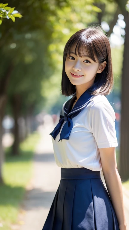 masterpiece, highest quality, Complete Anatomy、RAW Photos, Realistic、(Cute Face:1.9)、(Round face:1.9)、(Baby Face:1.6)、(Very cute smile:1.7), Black-haired、Written boundary depth, High resolution, Very detailed, Very detailed目と顔, Realistic student, Sharp focus, Cinema Lighting、(Clothing that emphasizes the bulge of the chest:1.2)、 (Large Breasts:1.8)、19-year-old female、One Woman、 (Very short hair:1.8)、 (Japanese 、school uniform:1.5)、Very detailed8k壁紙、(Pleated skirt that is too short:2.1)、(Checkered Skirt:1.3)、(Use both hands to pull up the hem of your skirt、Showing her white panties to the camera:1.7)、(whole body:1.5)、Are standing、Angle from below、(Thigh close-up:1.9)、Written boundary depth、Background Blur