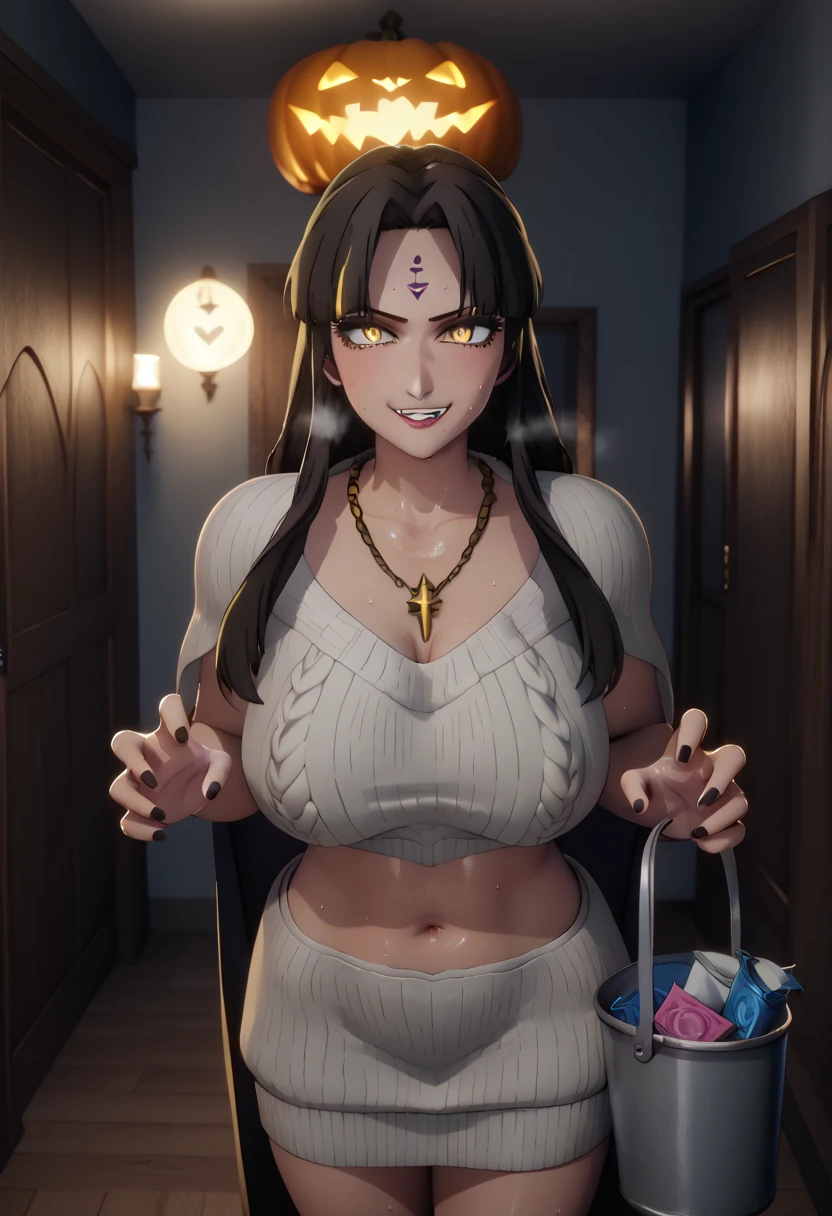 ((UHD, Cinematic, Warm colors)), comic, score_9, score_8_up, score_7_up, score_6_up, score_5_up, score_4_up, uncensored, detailed background, vignetting, masterpiece, Cinematic, high quality, absurdres, best quality, very aesthetic, newest, digital art, trending on ArtStation, ((anatomical correct)), perfect body, perfect eyes, perfect fingers, gasping, heavy breathing, excessive sweating, sweating, sweating profusely, gasping profusely, cinematic, ((skindentation)), ((curvy)), michiko tanaka, long hair, black hair, yellow eyes, facial mark, forehead mark, plump, shiny skin, hearts, pleasured, 1girl, breasts, mature female, solo, navel, virgin destroyer sweater, necklace, standing, claw pose, holding bucket, halloween, looking at viewer, fangs, smirk, collarbone, condom, condom box, thighs, curvy, hallway, dim light, cape, black nails, 3d, cgi