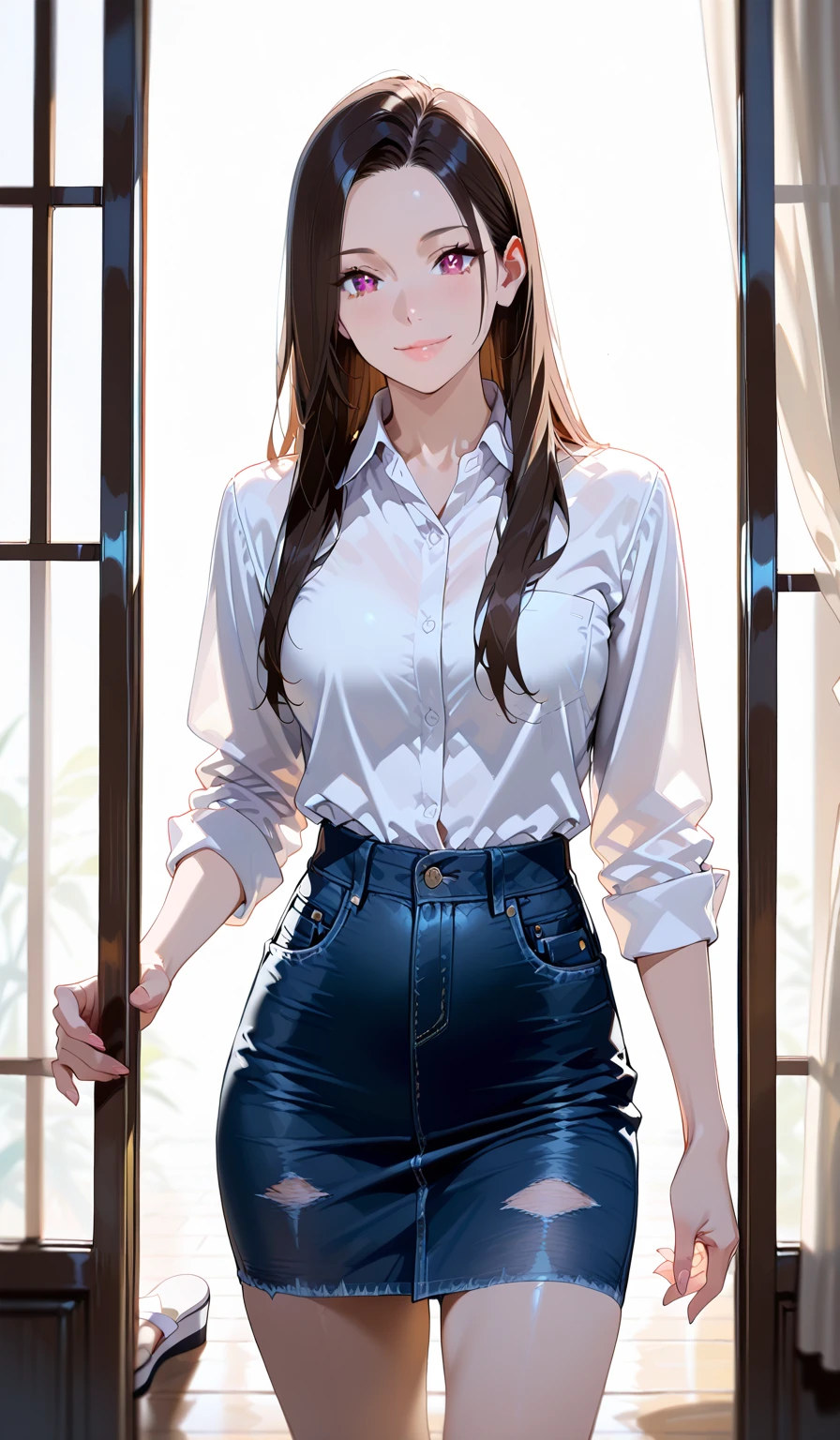 (masterpiece,highest quality,超A high resolution),japanese woman, (((Very beautiful 25 year old girl))), pretty girl、look at the photographer、 ((Sleeveless collared shirt)), super cute face, glossy lips, double eyelids in both eyes,natural smile、 natural makeup, long eyelashes, Shiny and smooth hair、center image, perfect limbs, perfect anatomy,(((Tight Skirt)))、(((turn around and look back)),wet with sweat,Beautiful ponytail,garter belt stockings