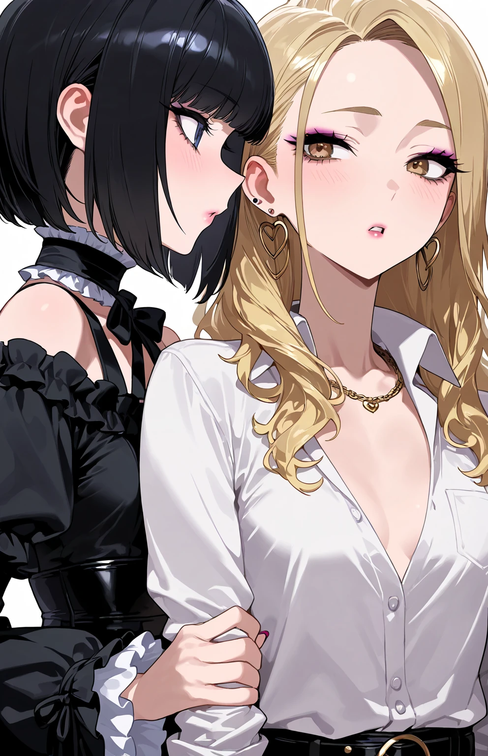 25 year old couple,Royal sister youth,black color hair,Thin iron chains are wound,white shirt,blacksilk,Erotic lingerie,Be red in the face,Pink lips,The background is minimalist,8K masterpiece