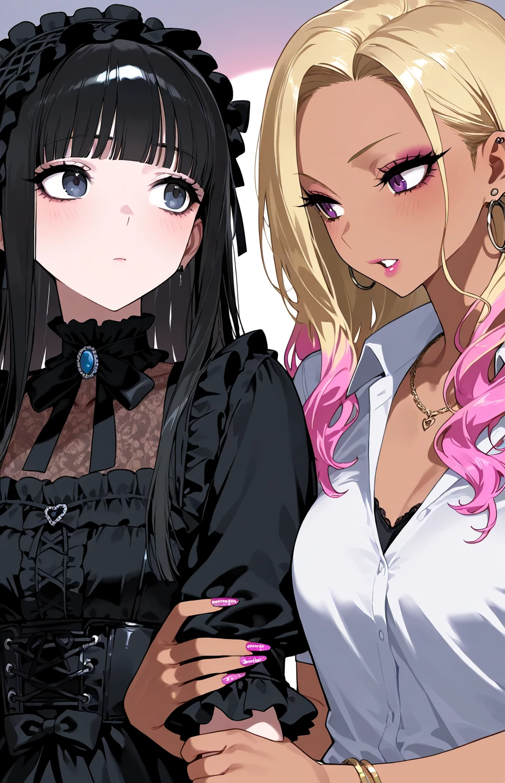2 girls , sisters , 23 year old beautiful younger sister pink short hair huge breasts wear pink school sport jacket zipped disgusting face wearing glasses sitting on bed, 26 years old beautiful evil smile older sister blonde long hair small breasts ear's pierced cute gothic clothes no glasses , bedroom background ,look at camera , half body , (high resolution) , nsfw ,rise clothes , exciting face ,half body ,horny