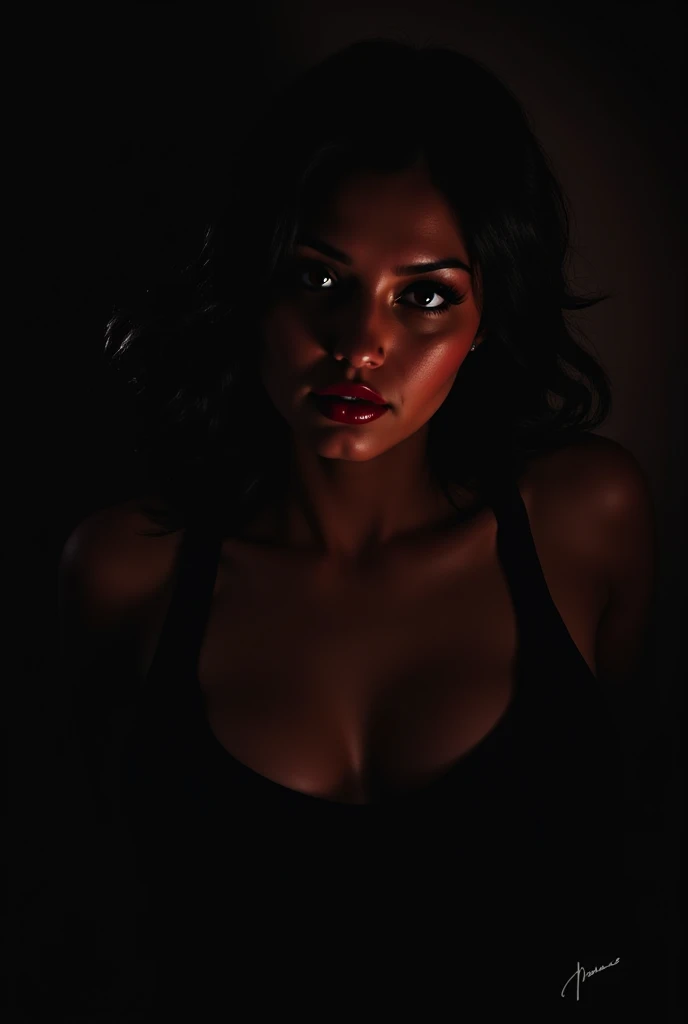 Make a realistic image of a young woman in her 20s with brown skin and a chubby body, rounded face and small ball nose and thick lips and black eyes and extra long straight black hair wearing a black dress in a dark black containment room with only a dim light illuminating the room with a serious look 
