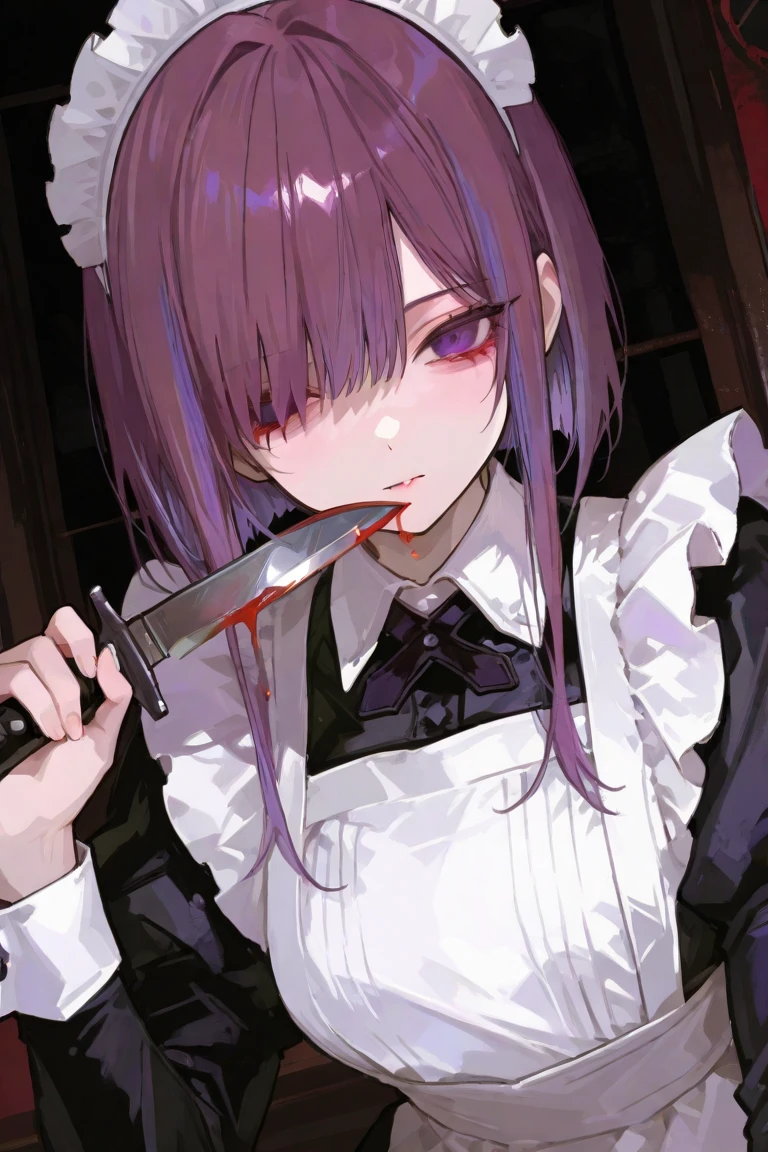 -mature lady, 1girl, pink hair, long hair, solo, blue eyes, maid headdress, looking at viewer, maid, blood, blush, finger to mouth, smile, bangs, hair between eyes, apron, dress, gotou hitori, long sleeves, frills, blood on clothes, upper body, nail polish, shushing, juliet sleeves, black dress, flower, indoors, maid apron, blood splatter, puffy sleeves, blood on face, purple nails, index finger raised, rose<lora:mature lady-000018:1>