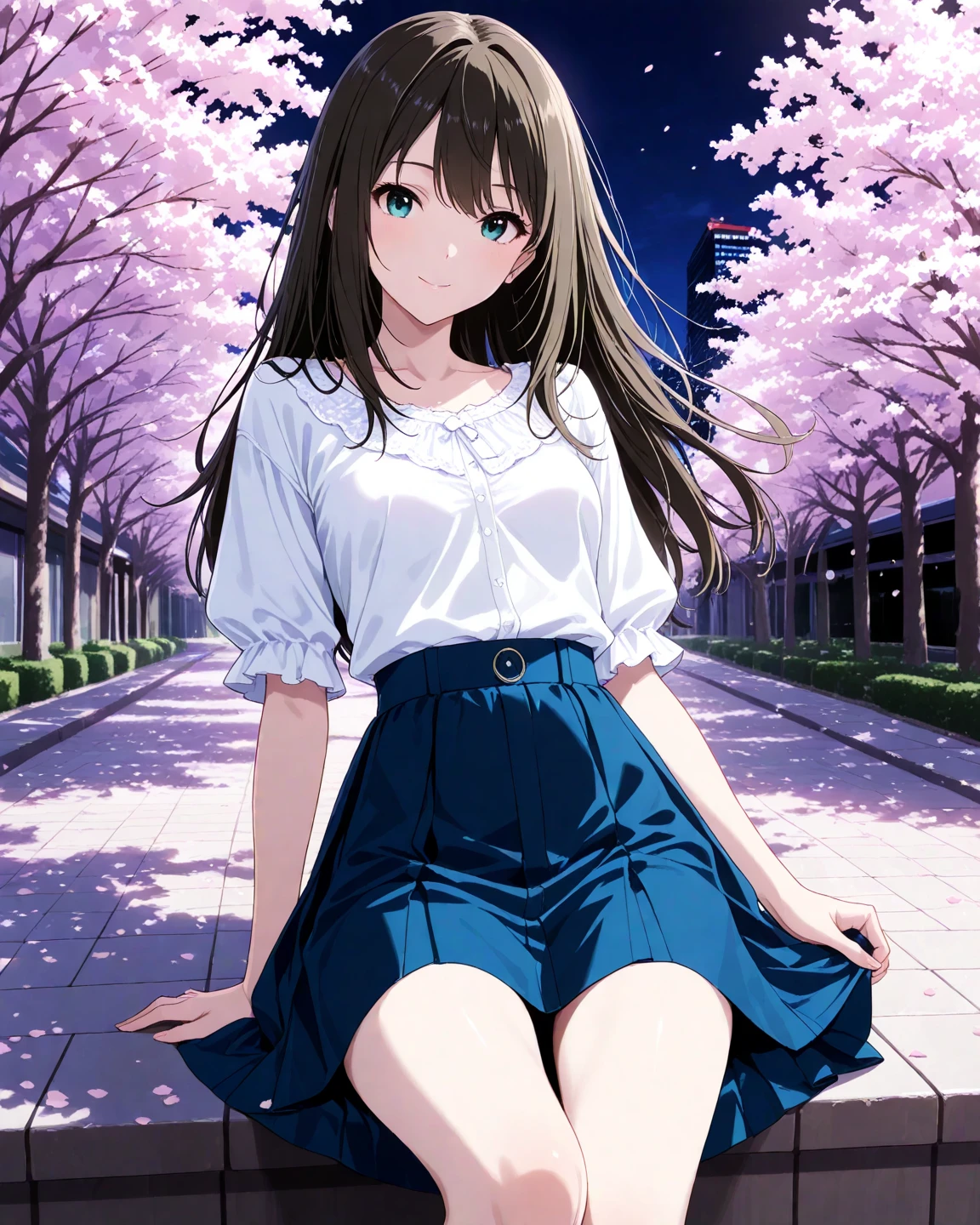 High resolution、masterpiece、Chizuru Ichinose、brown hair、I、For women、high school girl、garden、cherry blossoms、Sit on、Detailed Background、Detailed eyes、((Brown eyes)),Beautiful and perfect legs, Clean and perfect hands