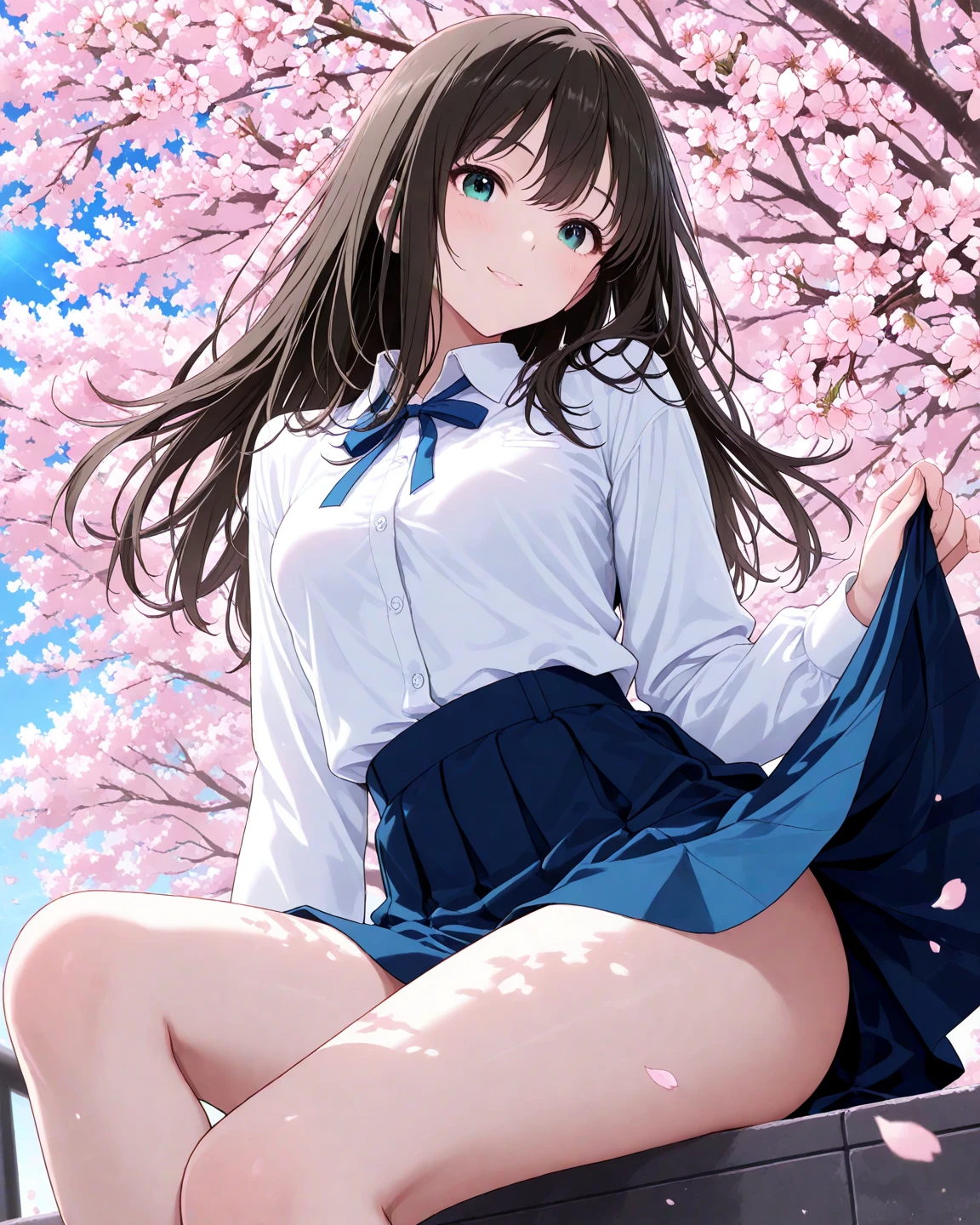 young woman、((Brown hair、Semi-long hair))、Hair fluttering in the wind、((Blushing a lot、Very surprised expression))、((Pink lip glosasterpiece、High resolution、16k、Long Sleeve 、Navy blue pleated skirt、Skirt flipped up、((Pink panties))、(Very close:1.5)、Standing on the stairs、(Angle from below)