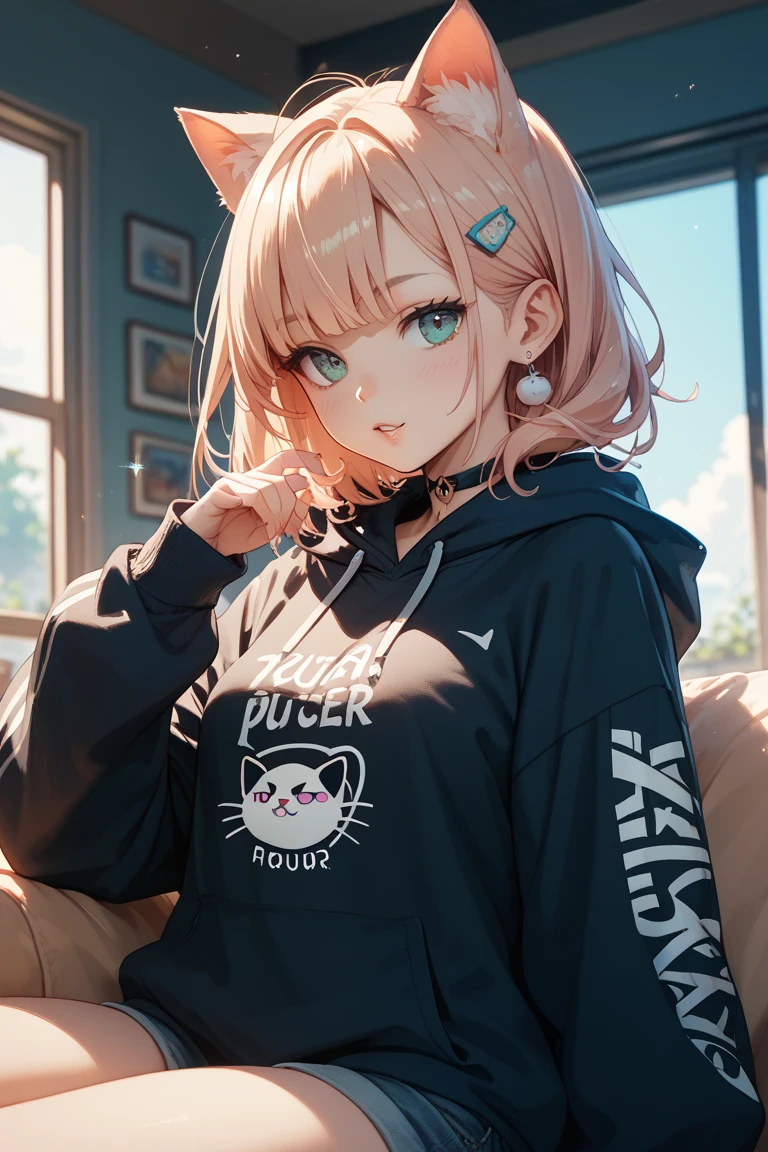 masterpiece,One girl,alone ,Heart-shaped pupils,Open the front,hoodie,,  Static Restraints,