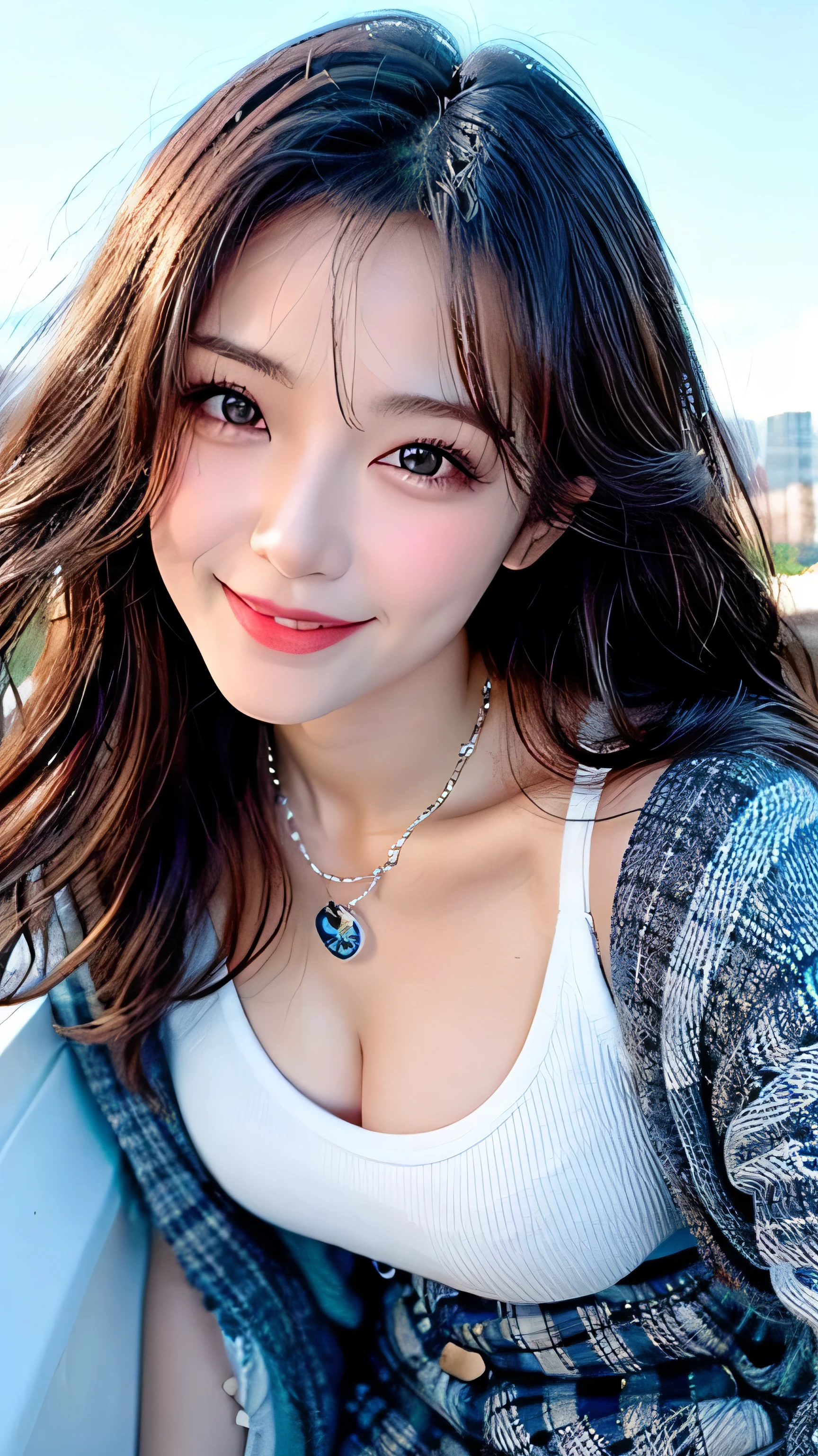 Full body camera angle、((highest quality、8K、Masterpiece: 1.3))、concentrate: 1.2、Cute Girl 1、Nipple erection、Perfect beauty: 1.4、Colorful off-the-shoulder T-shirtini skirt: 1.2、Long sleeve、Randall Color、Comics&Text Graphics、Black ruffle trim drawstring zip blouse、1.1、Highly detailed face and skin textures、fine grain、double eyelid、Whitening skin、highest quality、Ultra-high resolution、you、One girl、one person、_Shiny skin、Iris、necklace、Full body angle、walk in the park、 ((Brown_length_Wavy_hair)),(lips))、eyelash、bangs、process、Compensation、Shine、pores、Skin type、Big Breasts、smile、lively、Selfie