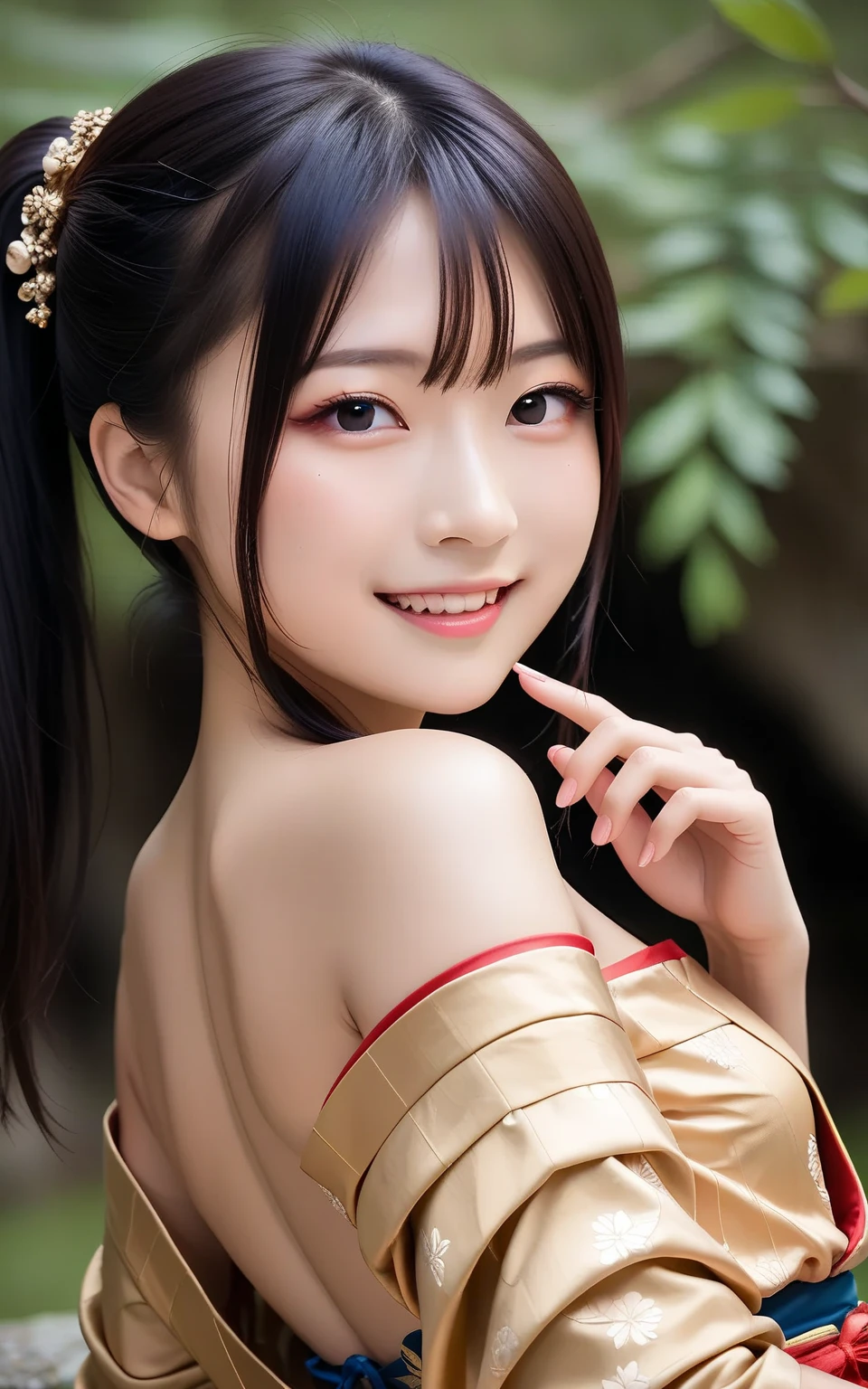 ((masterpiece)), ((best quality)), (ultra-detailed), ((kawaii)), cute, (lovely), ((extremely detailed)), 4K, (8K), best quality, (beautiful), illustration, (body shot), from front, a cute girl, 1girl, japanese, solo, BREAK, shaman, (shaman costume), (beautiful deep blue hair), long hair, (hi-pony tail), (beautiful eyes), beautiful blue eyes, (smile), shine with colored light, forest ray light, (mystical ancient ruins, prambanan temple compounds)、
