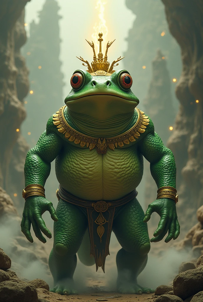 Giant overweight blue frog high priest with red eyes wearing blue head dress and long robes in swamp 