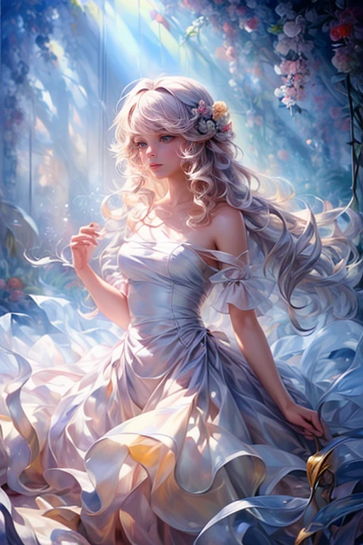 (top-quality、masterpiece), infp young woman, the pose, Particle, the wind, florals, The upper part of the body, simple background, View here, Long curly blonde hair blown by the wind、blue eyess、 Smiling、Light purple floral dress on white cloth、intergalactic,in backlight,Rim Lights,beautiful artwork,perfect-composition