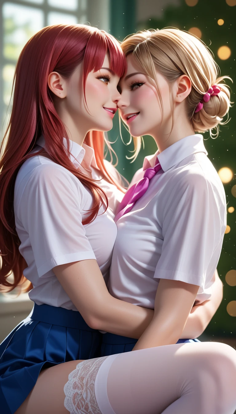 2 sexy schoolgirls, ginger hair, blonde hair, pink eyes, blue eyes, kissing each other, pantyhose blue and pink,
