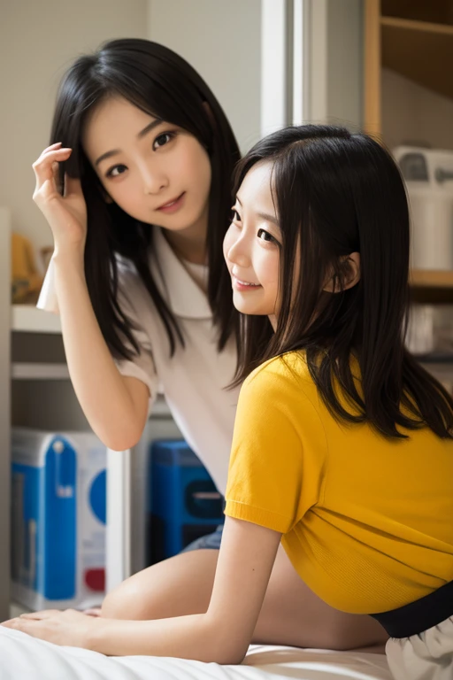 Top quality, 1 beautiful woman, super short Hair, shy-smile, wearing shirt, (leaning forward:1.3), at cafe