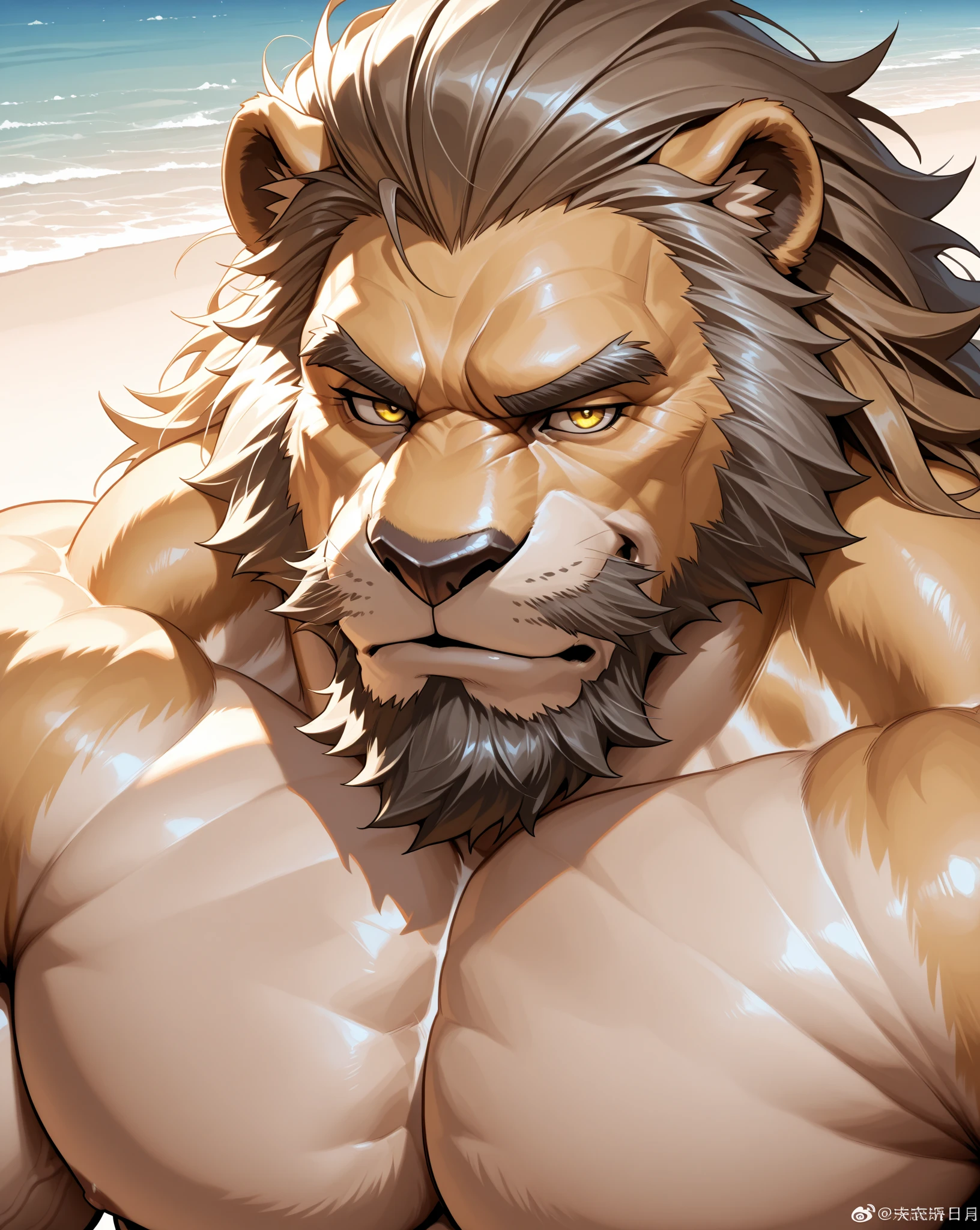 a close up of a man with a lion head on a beach, gigachad muscular, sfw version, muscular! fantasy, baki style, muscular!!, baki, fleshy musculature, muscular thighs, swollen muscles, muscular character, baki the grappler, (sfw) safe for work, pov furry art, most strongest pose