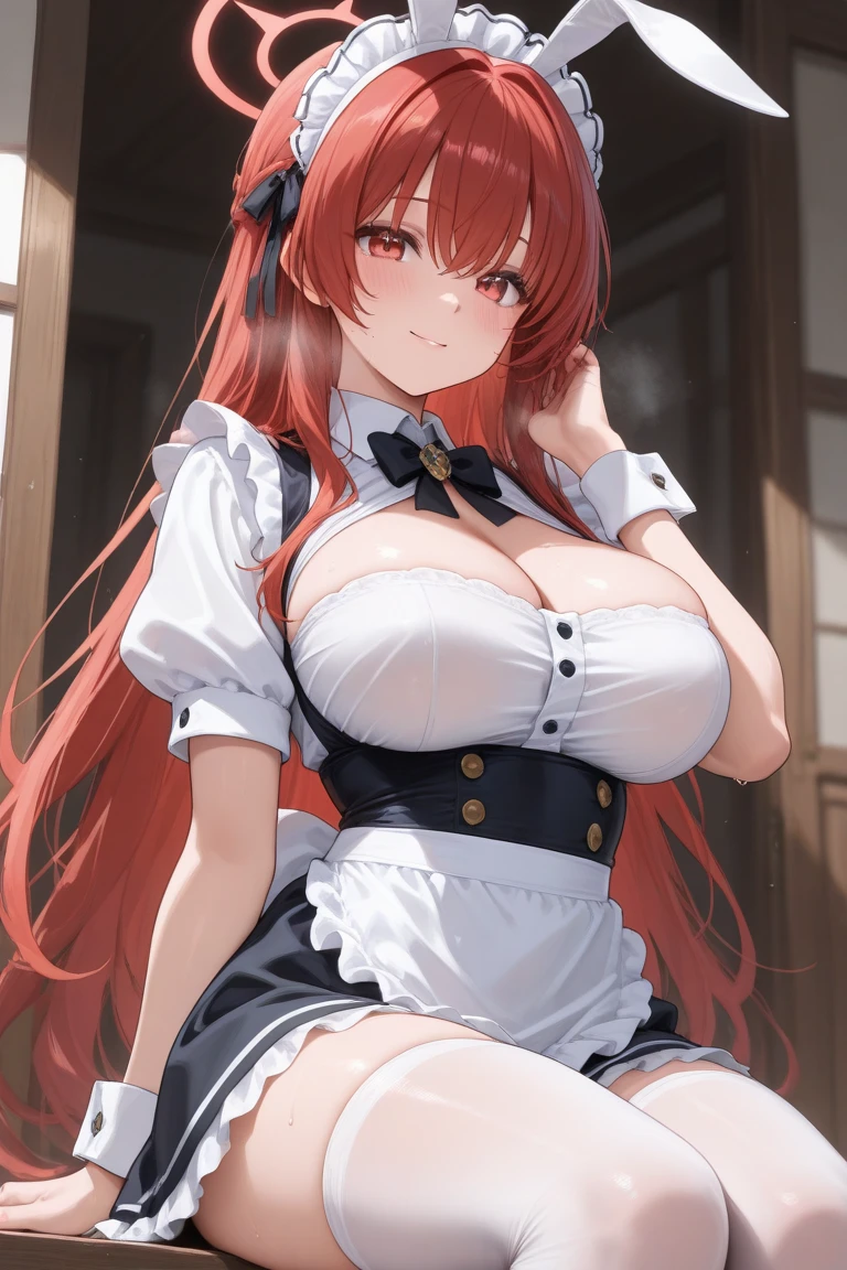 NSFW , ultra detailed, hyper detailed, best quality, highres, 4K, field of flowers, Hindenburg , looking at viewer, puzzled, happy, , shy, very long hair, wave hair, gradient hair, tall, slender, (gigantic breasts), beautiful breasts , (maid), cleavage ,dappled sunlight,