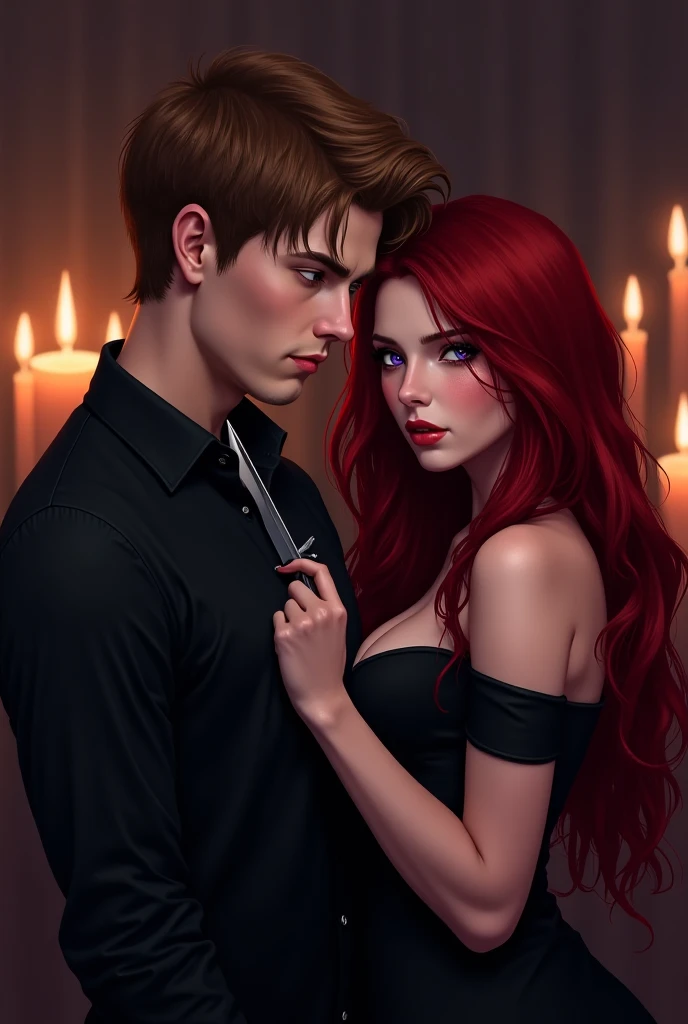A digital realistic illustration shoot from a portrait camera angle featuring a man and a woman with long, wavy, dark blood red hair and light purple eyes, both dressed in dark clothing. the man, appearing around the age of 20, on the left, positioned in the middle of the image, with a serious expression on his face . He has dark brown hair, parted in the middle and slight strands fall on his face and emerald green eyes and is wearing a black shirt. on the right, the woman has long, blood red hair and its pulled back in two braids while the rest of her hair falls and purple eyes, wearing a black dress with a deep v cut neckline. she is positioned behind the man in the upper body, a dagger in her hand and it's placed on the man's throat, with her upper body facing the viewer. the background is a dimly lit room with candles, creating a romantic and dark atmosphere. giving enemies energy 
