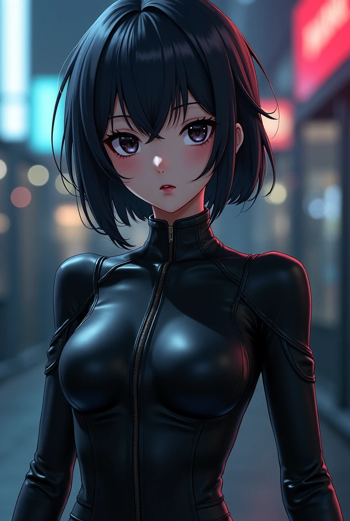 solo girl,Gunmetal gray wear, latex shiny,Red interpolation color,Black hair bob,race queen