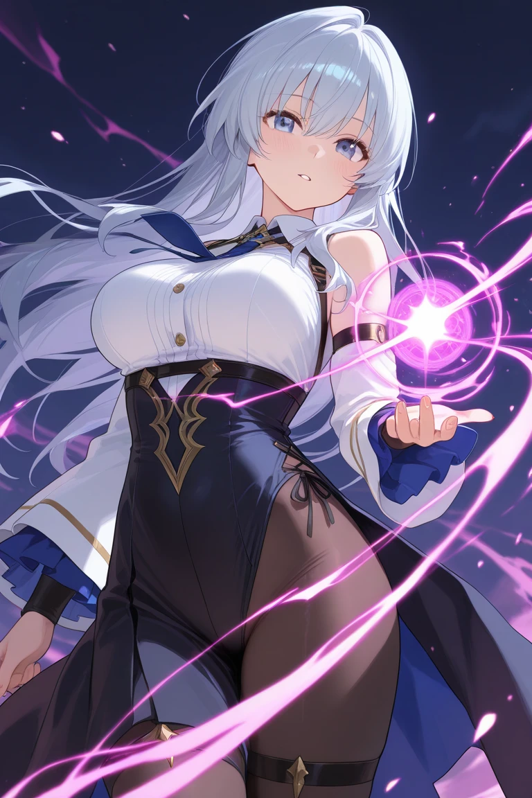 A teenage girl, single person, Medium-sized chest, white hair, Wears a magician hat, Purple eye, Staff in hand, combat posture, Magic effects, Light effect, Exquisite blue sky, Robe, cinematic lighting, ray tracing, high details, best quality, ccurate, anatomically correct, 4K
