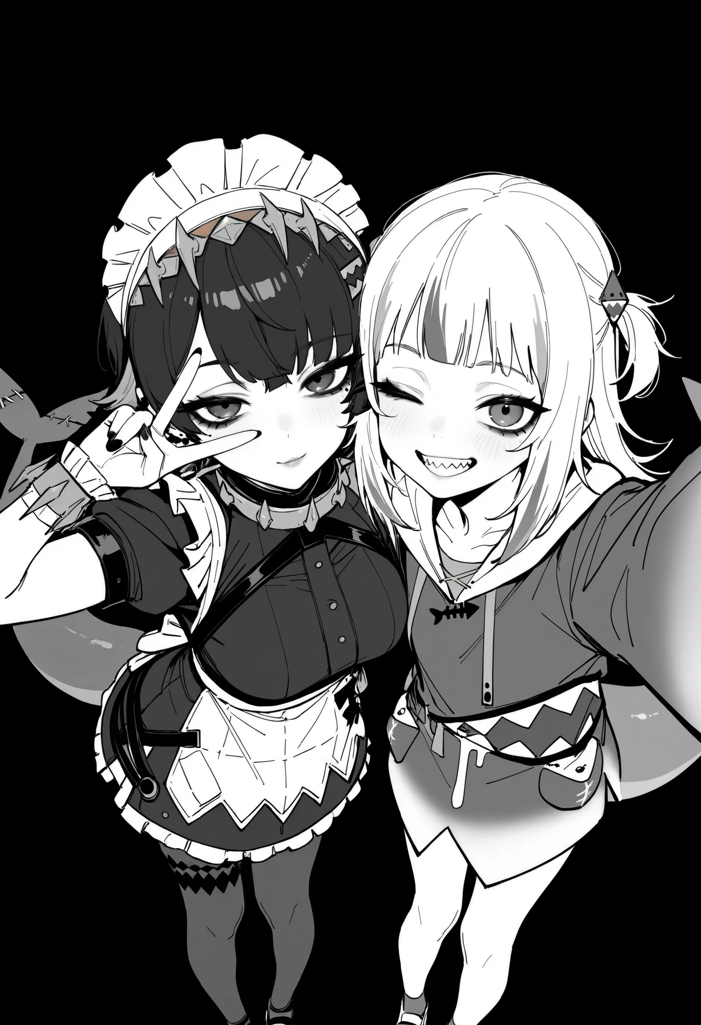 tfaix, monochrome, greyscale, (simple background, black background,:1.2)
dutch angle, (gyaru:1.2),
(ellen joe, gawr gura,:1.1) 2girls, standing, selfie, looking at viewer, foreshortening, leaning forward, smile, grin, sharp teeth, shark tail, v over eye, one eye closed, half-closed eyes, narrowed eyes,
hololive, zenless zone zero, tiara, maid, gawr gura \(t costume\), white hair, grey hair, black hair,
very awa, masterpiece, highres, absurdres,
