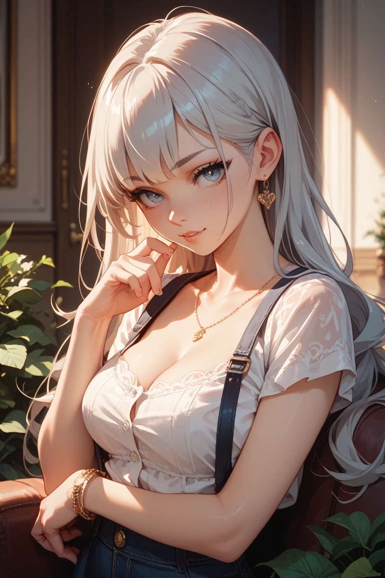 photo of a 19 year old girl (masterpiece:1.2, best quality), (real picture, intricate details), 1lady, solo, upper body, casual, long hair, minimal makeup, natural fabrics, close-up face, smile, home, long light platinum white hair, bangs, wavy hair, long wavy hair, really long wavy hair, wavy platinum hair, slightly wavy hair, cute long hair, green eyes, big breasts.