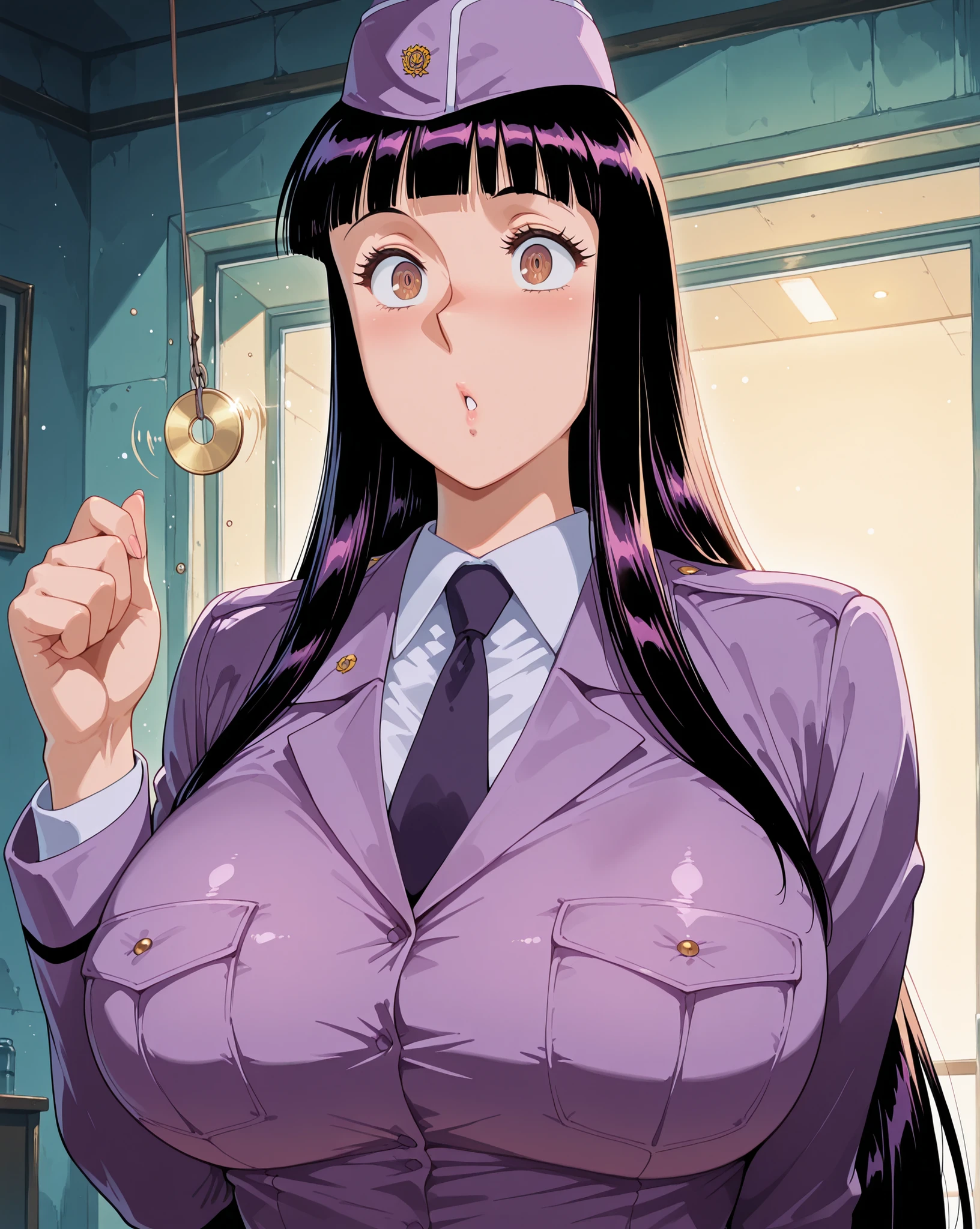 (masterpiece) ,best quality,amazing quality,very aesthetic,absurdres,newest, ai asato (kochikame), big breasts, 1girl, dark alleyway, nighttime, asato ai (kochikame), Asato ai,black hair,long hair,huge breasts,Venusbody,brown eyes, purple police uniform, purple police hat, hypnosis, hypnotized, pendulum swing, dazed expression