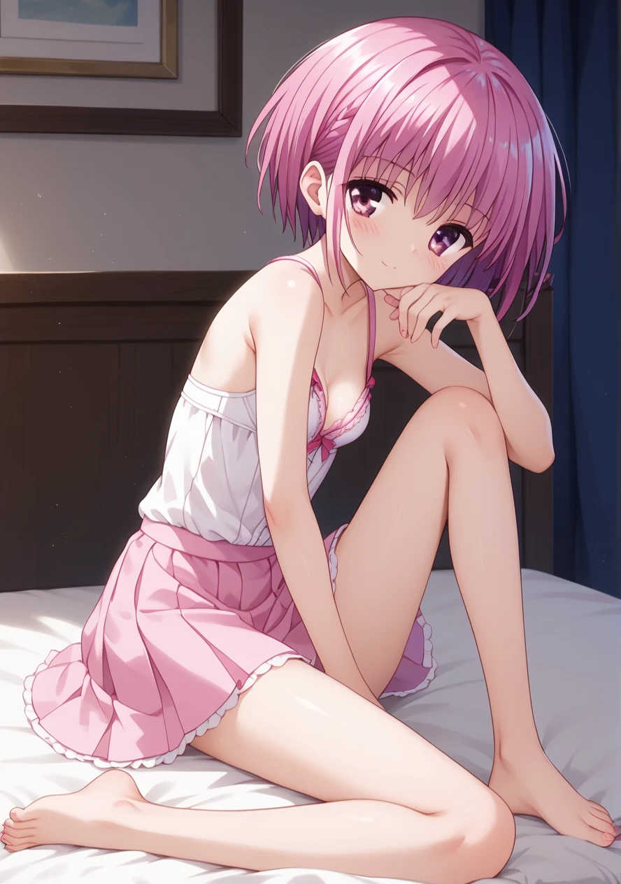 clean, {{scan}}, {{{masterpiece}}}, {{{high quality}}}, {{{animeted}}}, anime colored, {{{official art}}}, perfect body, best quality, (masterpiece:1.2), highly detailed, 2D, anime coloring, blush, lying, on back, on bed, white bed, (((spread legs))), hands between legs,  (((white lace panties, white lace tank top))), light smile, pov crotch, (flat chest:1.4), ((((Skinny)))), Slim Body, Slim waist, (((slim legs))), small hips, thin limbs, ((thin)), , slender, 1girl, madoka, collarbone, two side up, pink hair, crotch, white background, simple background, flat background, looking at viewer, cowboy shot, closed mouth, wide-eyed, camel toe