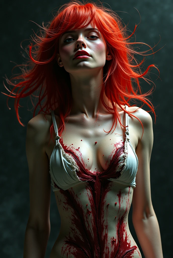 painting of a woman with blood dripping down her face, in red paint, pale woman covered with blood, red ink, gestural, by Conrad Roset, red haired girl, by Antonio Rotta, red hair girl, inspired by Carne Griffiths, woman with red hair, agnes cecile, covered in blood, inspired by João Artur da Silva