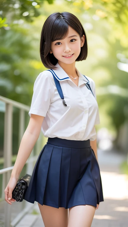 Japanese high school girl, brown eyes, smiling face, young face, black hair, bob cut, blue hairband, white short-sleeved blouse, blue ribbon decoration on collar, blue suspenders, blue miniskirt, black socks, blue shoes, entertainment district, blue sky and white cumulonimbus clouds, standing in front of the fountain square, wet sidewalk