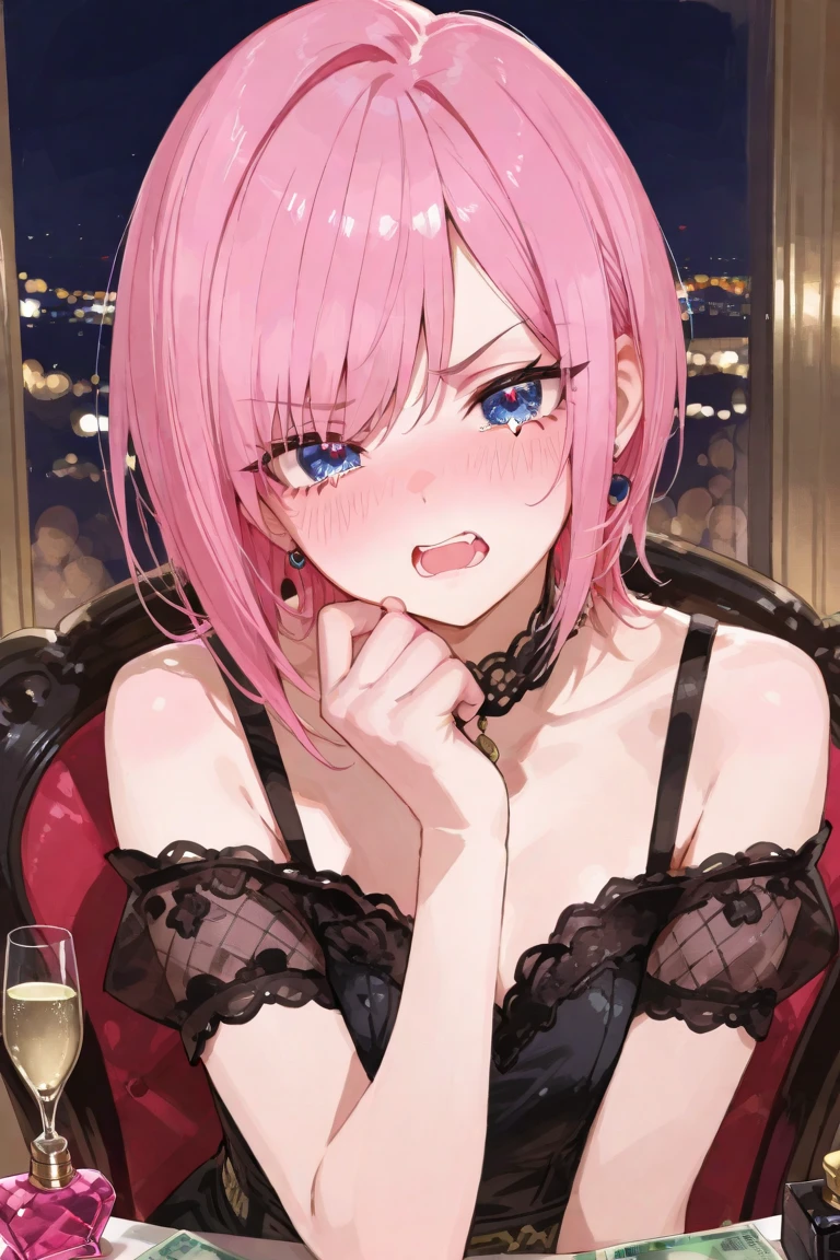 1 girl in chainsaw man style, long wavy hair, light pink hair, hair with blue tips, multicoloured, light blue eyes, cute pink dress, sitting on a red throne, holding a glass of wine with a small smile
