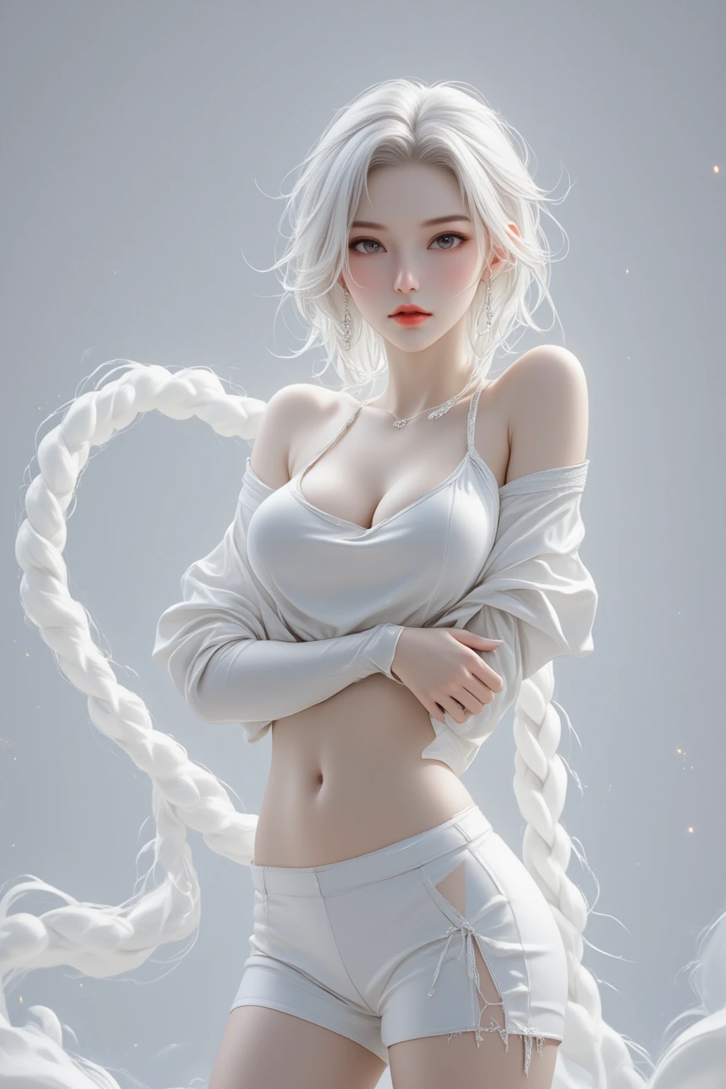 realisticlying,A high resolution,1个Giant Breast Girl,White wavy curls,korean people,Heterochromic eyes,Little moles under the eyes,Loose white shirt,Yoga pants for,,long leges,Tight abs,Sexual lip biting