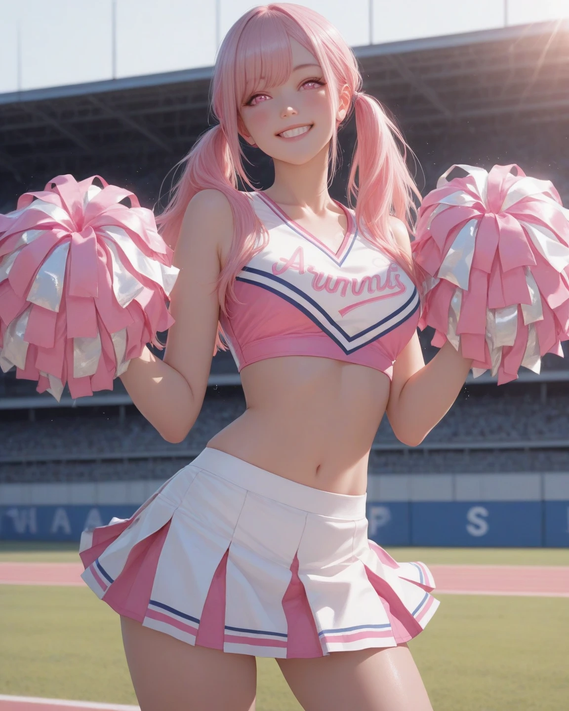(8k, Tabletop, highest quality, Official Art, Very beautiful and detailed, Beautiful lighting, Breathtaking beauty and aesthetics, The greatest masterpiece ever made), (1 girl, alone), (), (Beautifully detailed face), (shiny White Skin), (Beautiful big breasts, Cleavage:1.3), (Thighs, feet, belly button:1.3), (Beautifully detailed pink twin tails hair, bangs:1.3), (Beautiful delicate droopy pink eyes:1.5), (Cute Cheerleader Costumes, Short length shirt, Pastel pink short skirt, :1.3), (Cute Cheerleader Pompoms), (Smile:1.5), (Charm, Looking at the camera, Cute pose, Are standing), Nice views, (Beautiful stadiums with ultra-detailed and realistic, blue sky:1.2),