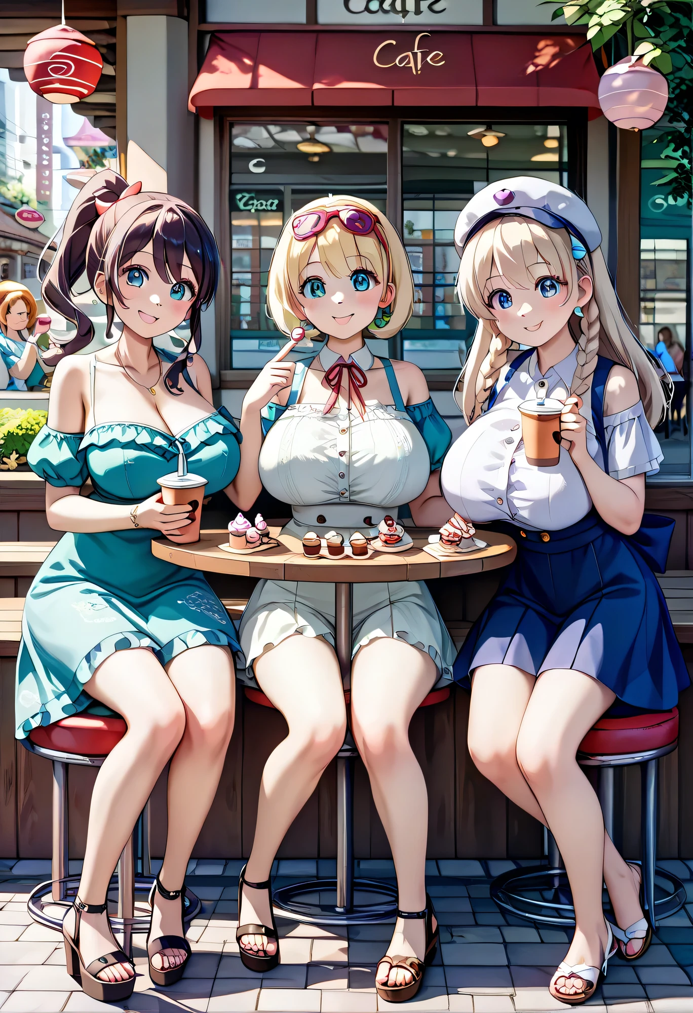 Ultra HD、Ultra high definition、Noise Reduction、perfection、picnic、((Bento、drink))、table、Three Girls、Casual clothing、Full body photo、Group photo、multiple、Camel Toe、Giant tit、Nipple Puffs、Cleavage、Plump、Super big breasts、Super big butt、sun、Gentle Breeze、Blue Sheet、drink、eat