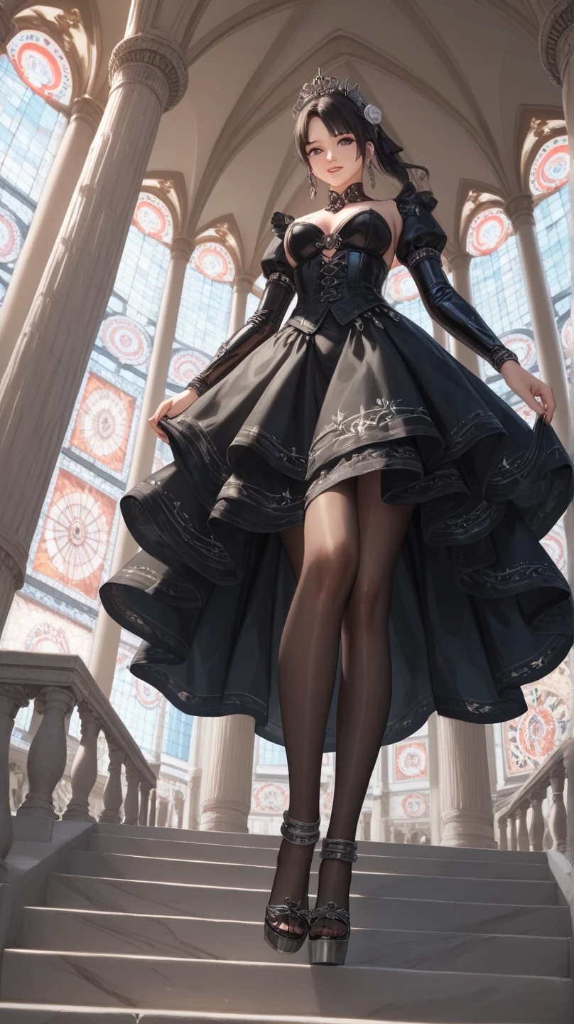 ultra detailed 8k cg, a very  woman in a miniskirt posing from below for a picture, ((from below:1,3)), fantasy style, in a majestic castle, medieval setting  <lora:add_detail:0.3>
,(tutuhsv2), (grey pantyhose),
 <lora:tutuhsv2_0003:0.85>