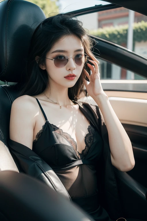 ((Best quality, 8K, Masterpiece: 1.3)), 1 girl, Japan person, 32 years old, Female, Happy smile, full bodyesbian, Slim face, Pretty woman, (Dark brown hair), Sports bras: 1.3, highlegpanties, hyperdetailed face, Detailed eyes, Double eyelids, Slim face, City, In the car, inside the car, lying down, arms with beautiful bare skin, legs with beautiful bare skin, ultra fine skin, photorealistic image, Detailed faces, detailed hairs, Detailed eyes, detailed nose, Detailed lips, Sharp images, Photorealistic, RAW photos, Real people, Realistic, Portrait photos, wearing only his underwear, (8K, RAW photos, Best quality, Masterpiece: 1.2), (Realistic, Photorealistic: 1.37), Night, Professional lighting, photon maping, Radio City, Big, see through shirt, nipple tips protruding, areola is protruding, The shape of the pubic region is clearly visible, Tai, a lot of lashes, black eyeshadows, pure black lips, Black heels, Pubic hair, Lower abdomen bristles, Slender, crotch is open, pubic hair very large,May spill out of the bra, pubic hair is very protruding, Exposed flesh,short detailed hair, Layer cut hair, M-shaped legs, choker necklace, Earrings, bangle, Anklets, fine thighs, Beautiful legs, fine crotch, M-shaped legs, black thin stockings, Thin underwear