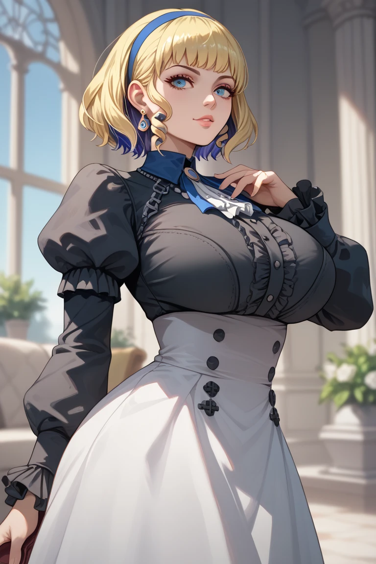 A woman wearing a black dress with silver details on the dress, short blonde hair, blue eyes, in a tower of a sophisticated medieval castle, open tower overlooking a large open field and a sea in the distance, smiling, big breasts,, HDR , ultra resolution, very detailed, masterpiece, HD 8K, (solo, just one girl)
