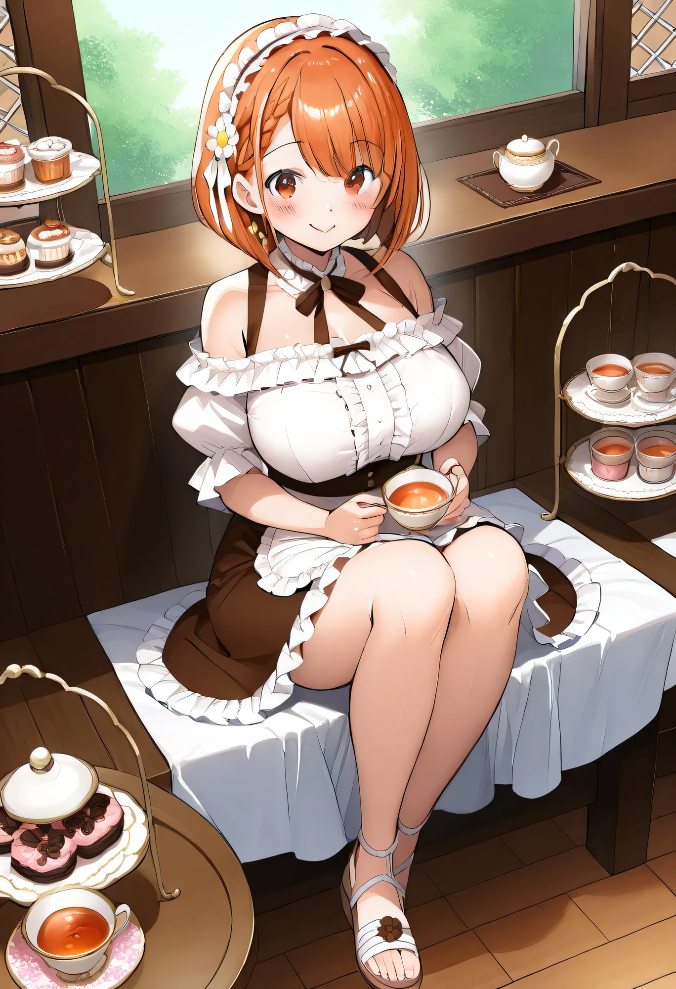 Top Quality、high resolution、HD、masterpiece、detailed background、pretty girl、huge breasts、Perfect Body Line、braided bob cut、ponytail、A cafe with a relaxed atmosphere、smile、(3 girls enjoying tea time at a cute cafe:1.5)、(3 girls enjoying sweets at a cute cafe:1.5)、white off-shoulder blouse designed with lace and frills made of chiffon material、 Maxi length flared skirts with floral patterns and linen materials 、Sandals with braided design、off-shoulder that balances the overall balance while taking advantage of the femininity peculiar to off-shoulder、Very Beautiful
