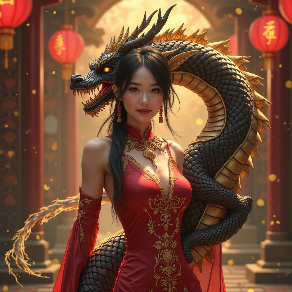 32k、Complex、Very detailed、whole body、Black semi-long hair、Wear a red Chinese dress、stand、Town、A female cyborg with a dragon motif